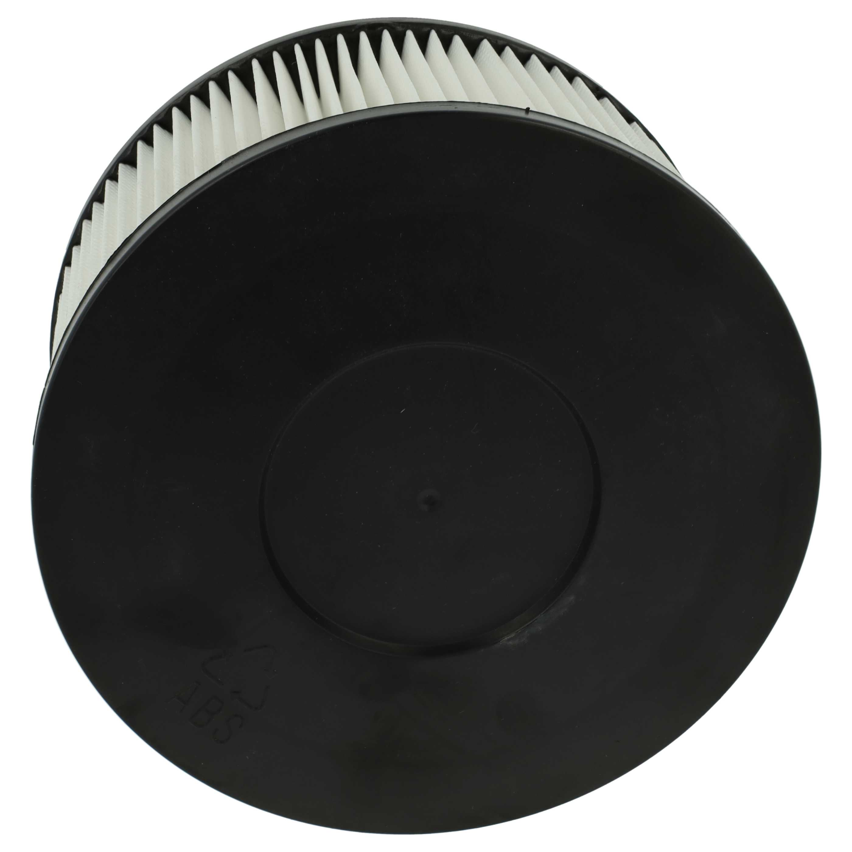 Ein schwarzer Luftfilter mit weißem, plissiertem Filtermedium. Der Filter ist rund, mit ABS-Kennzeichnung.
