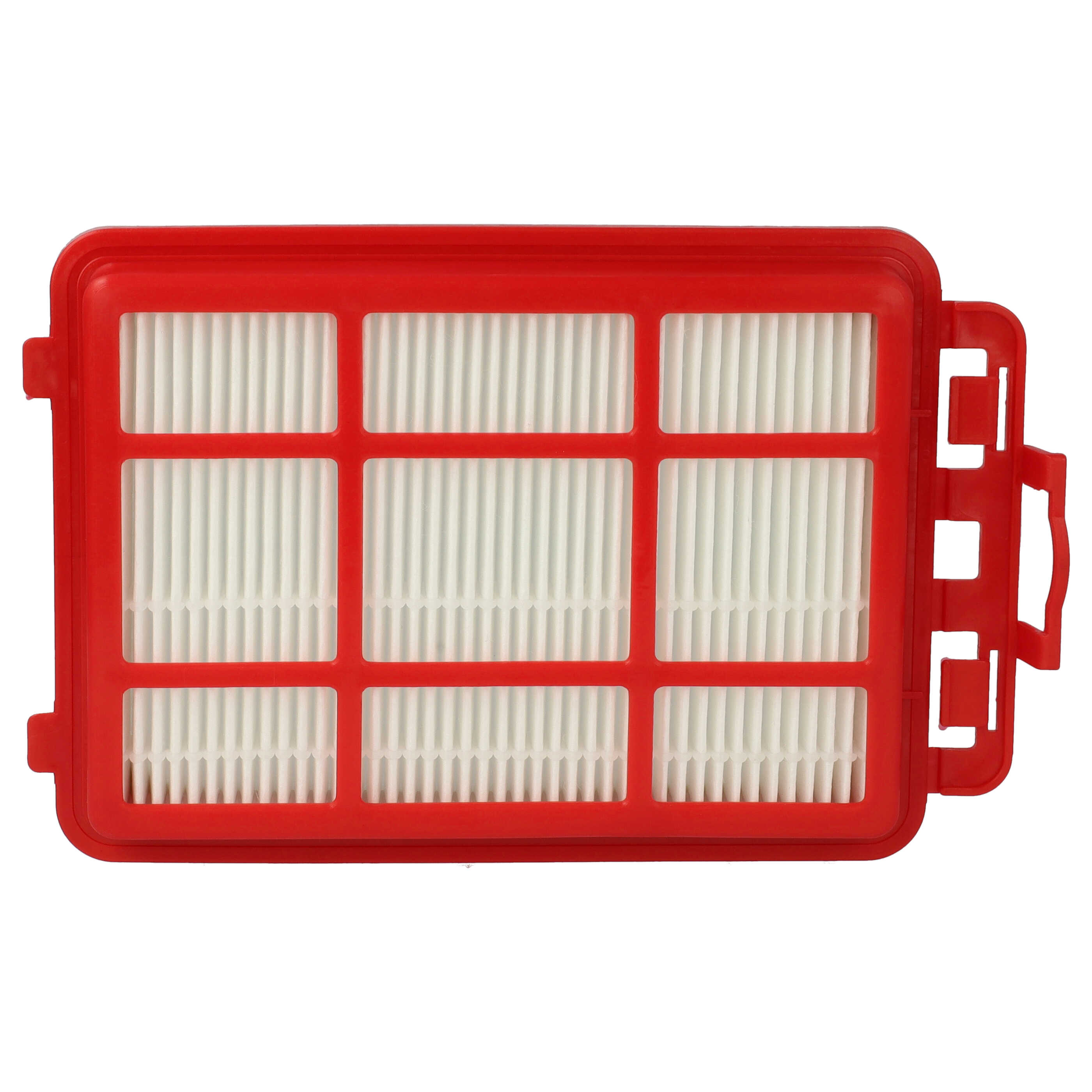 Ein roter rechteckiger Filter mit weißem, plissiertem Papier im Inneren. Hat einen roten Rahmen mit Griff und Clips.