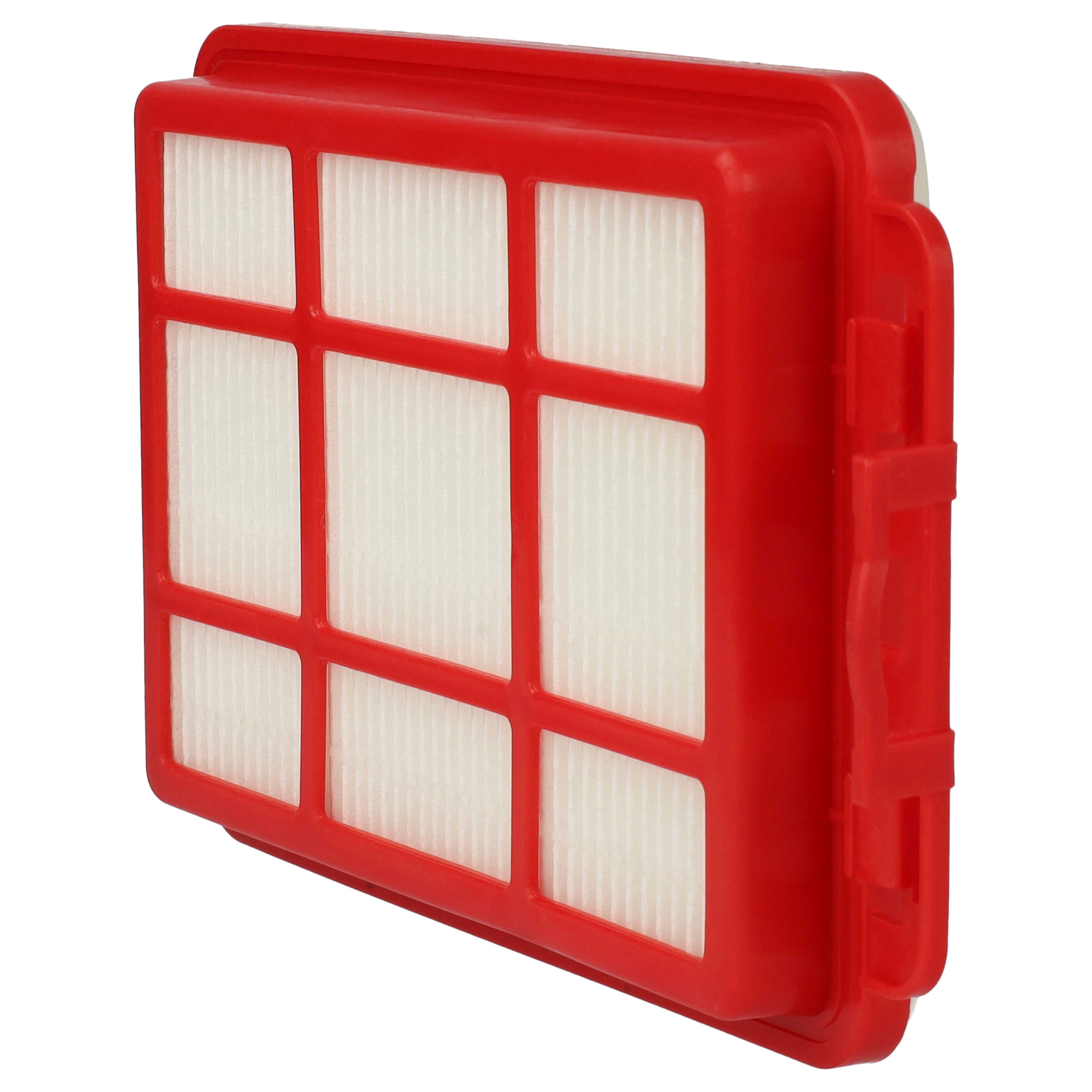 Ein roter rechteckiger Filter mit einem weißen Filtergitter im Inneren, vor weißem Hintergrund. Der Filter hat einen Griff.