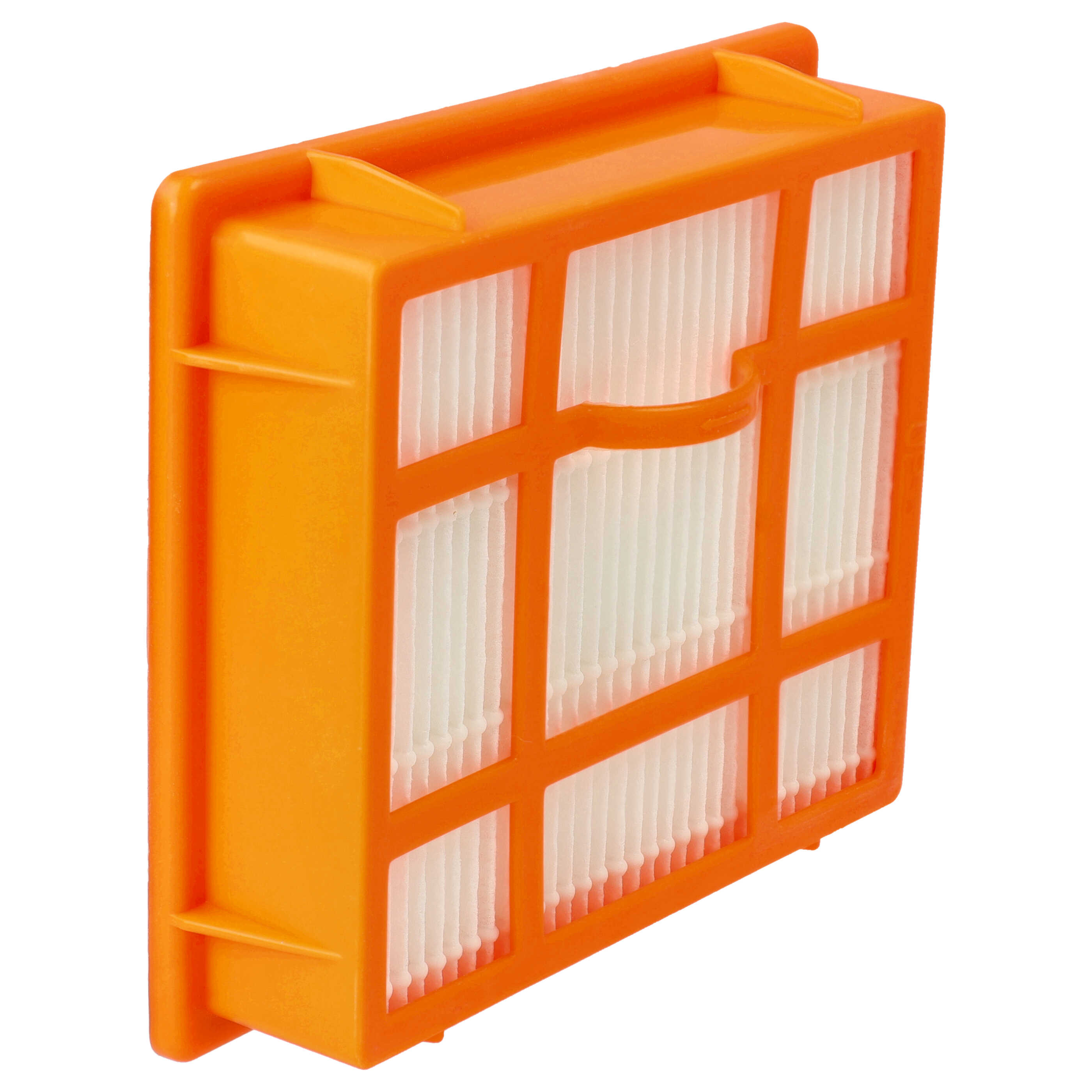 Ein orangefarbener rechteckiger Staubsaugerfilter, bei dem weißes Filtermaterial durch das Gitter sichtbar ist.