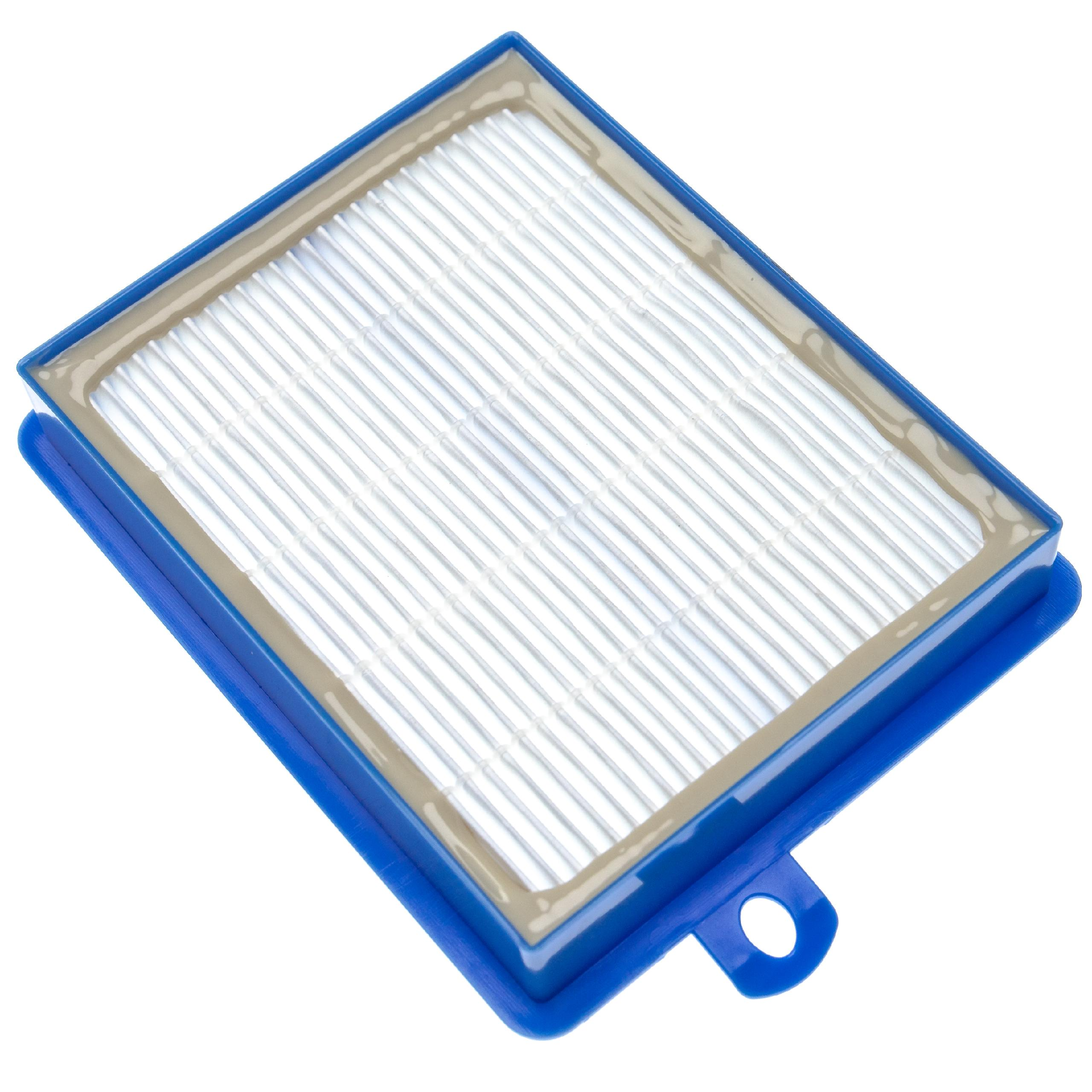 Ein Luftfilter mit weißem, plissiertem Filtermaterial, umgeben von einem blauen Kunststoffrahmen. Der Rahmen hat eine kleine Schlaufe.