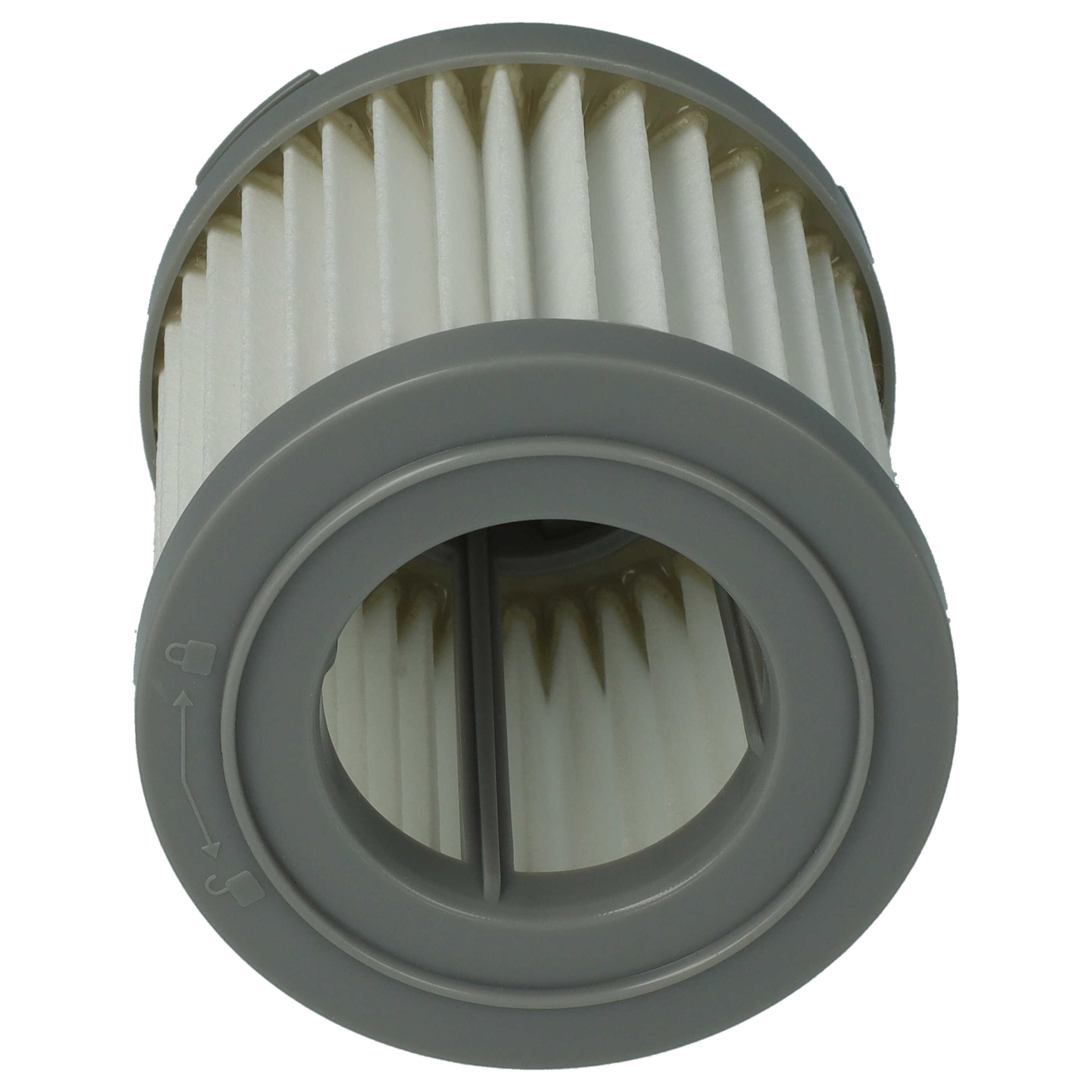Ein zylindrischer Staubsaugerfilter. Er hat einen grauen Kunststoffrahmen und weißes, plissiertes Filterpapier.