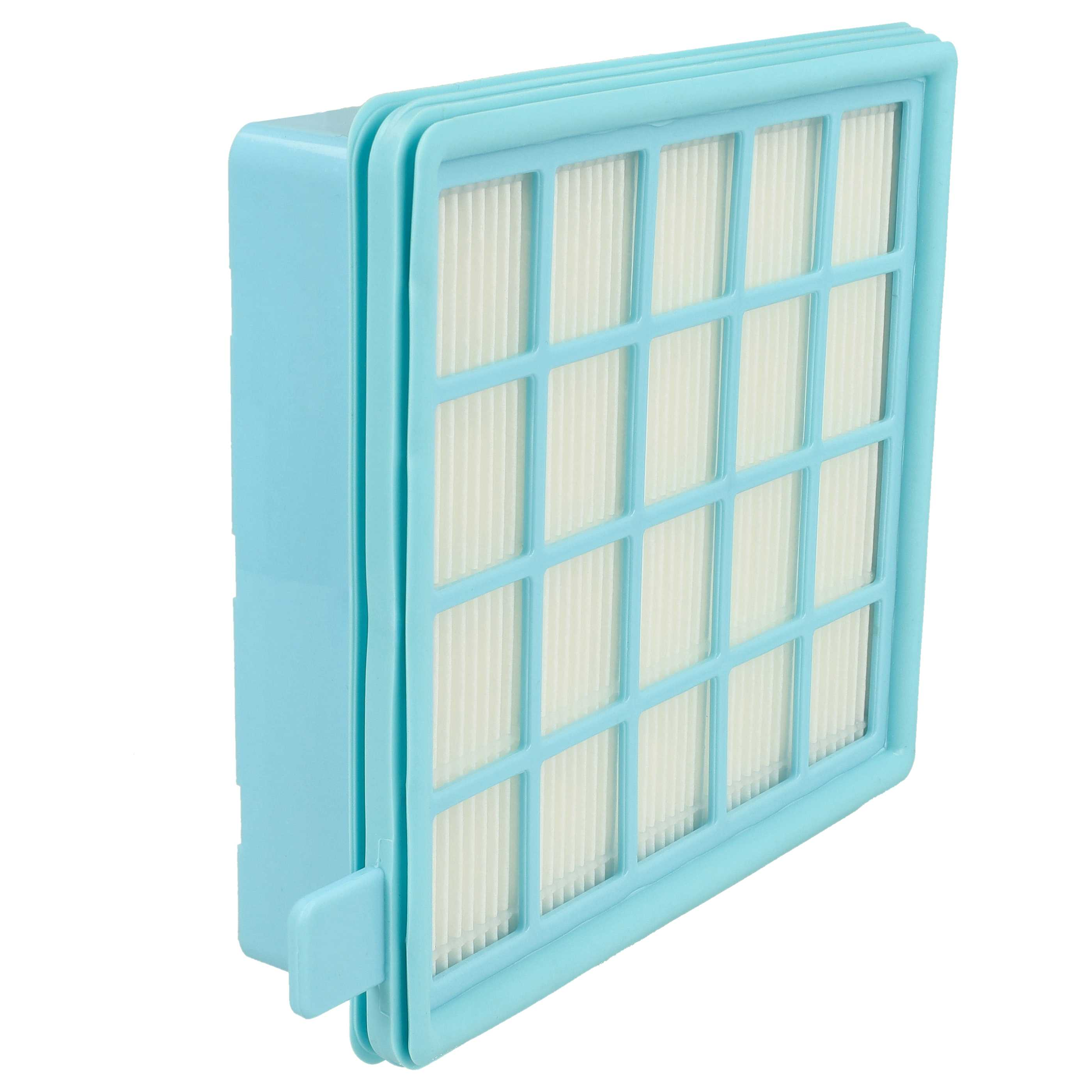 Ein hellblauer Luftfilter mit Gitterdesign und weißem Filtermaterial durch das Gitter, isoliert auf Weiß.