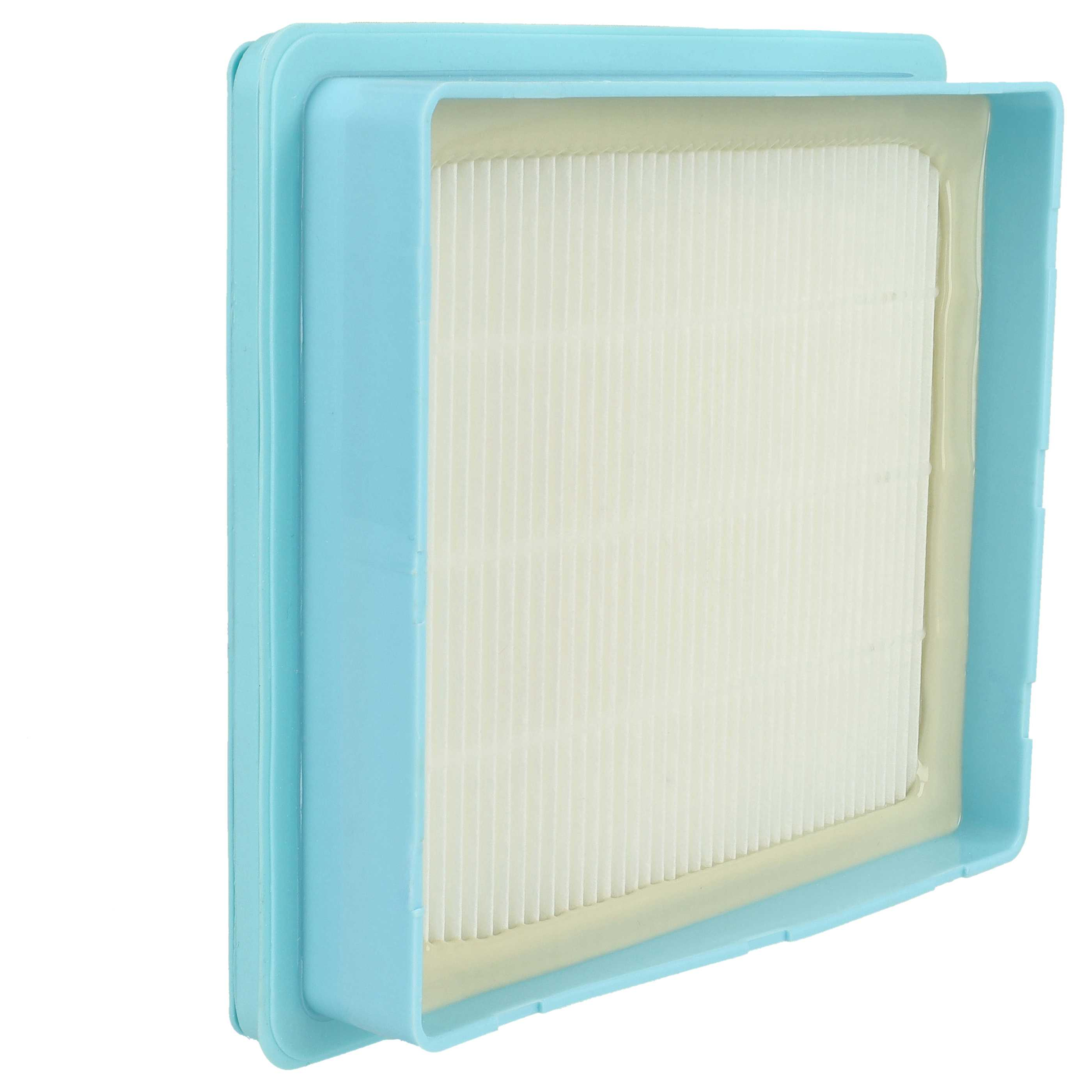 Ein hellblauer Luftfilter mit einem weißen, plissierten Filter im Inneren. Der Filter ist rechteckig.