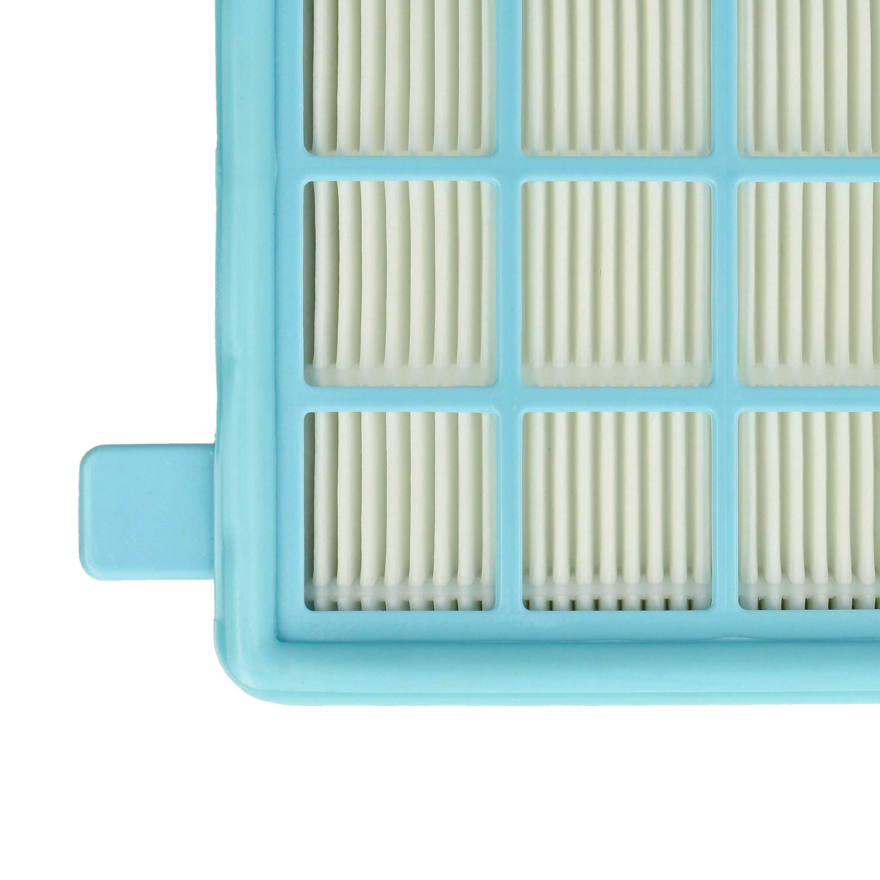 Nahaufnahme eines Luftfilters. Er ist hellblau und hat weißes, plissiertes Filtermaterial in einem Gitter.