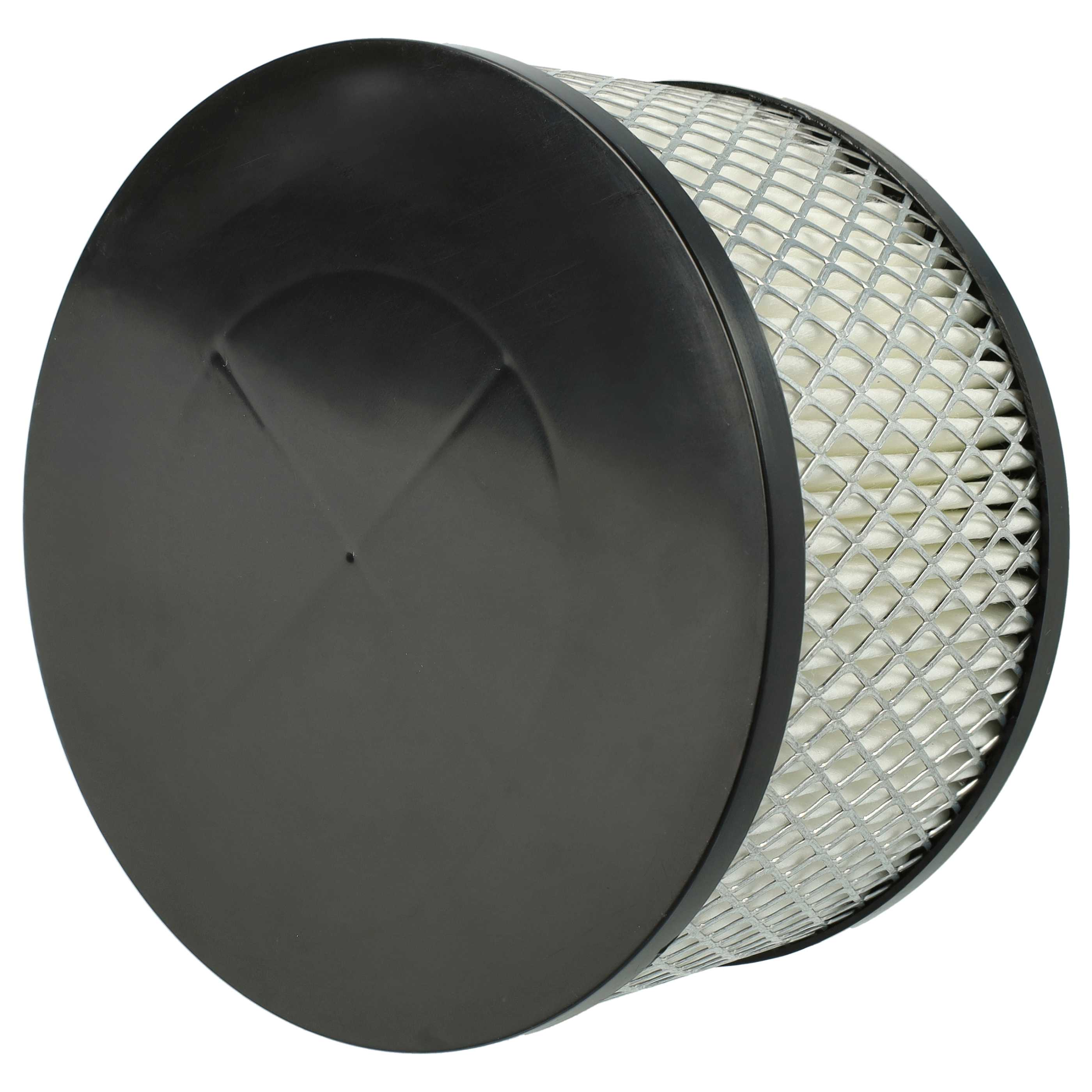 Ein runder Luftfilter mit schwarzer Kappe. Der Filter hat ein Metallgitter und weißes Filtermaterial.