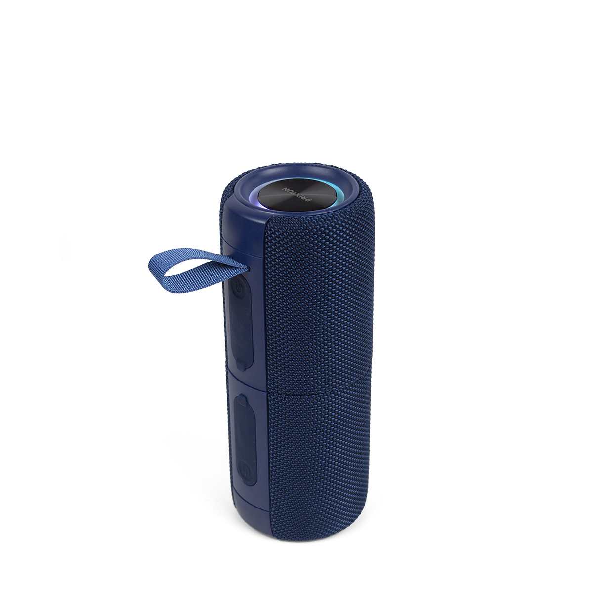 Granatowy głośnik cylindryczny z niebieskim uchwytem pętelkowym. Ma teksturowaną powierzchnię i srebrny wierzch.