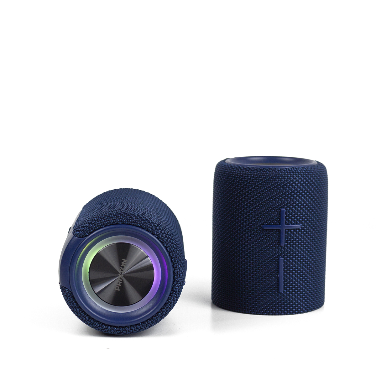 Dwa niebieskie głośniki cylindryczne na białym tle. Jeden na boku pokazujący głośnik, a drugi w pozycji pionowej ze znakiem plus.