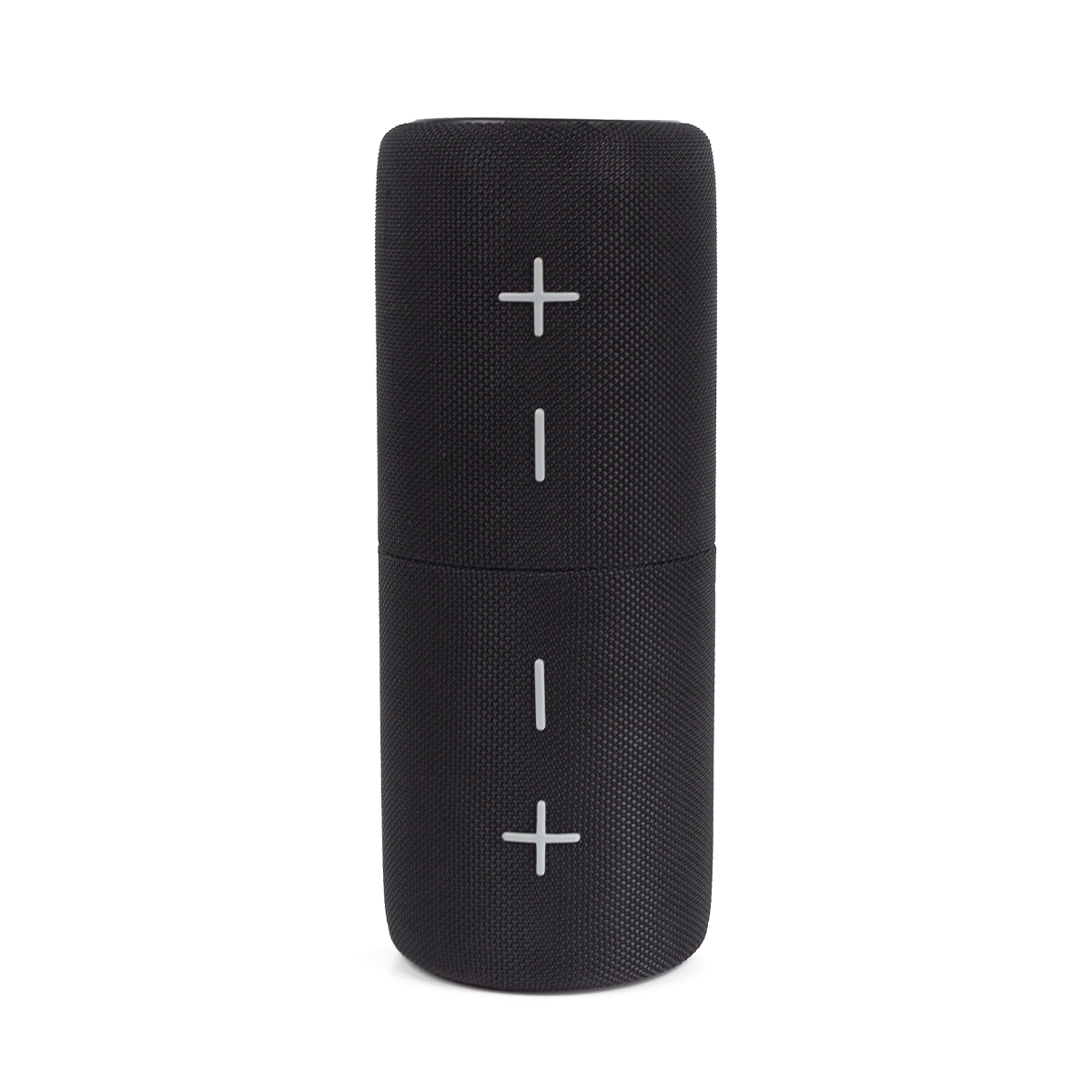 Czarny głośnik cylindryczny z białymi symbolami plus i minus do regulacji głośności, na białym tle.