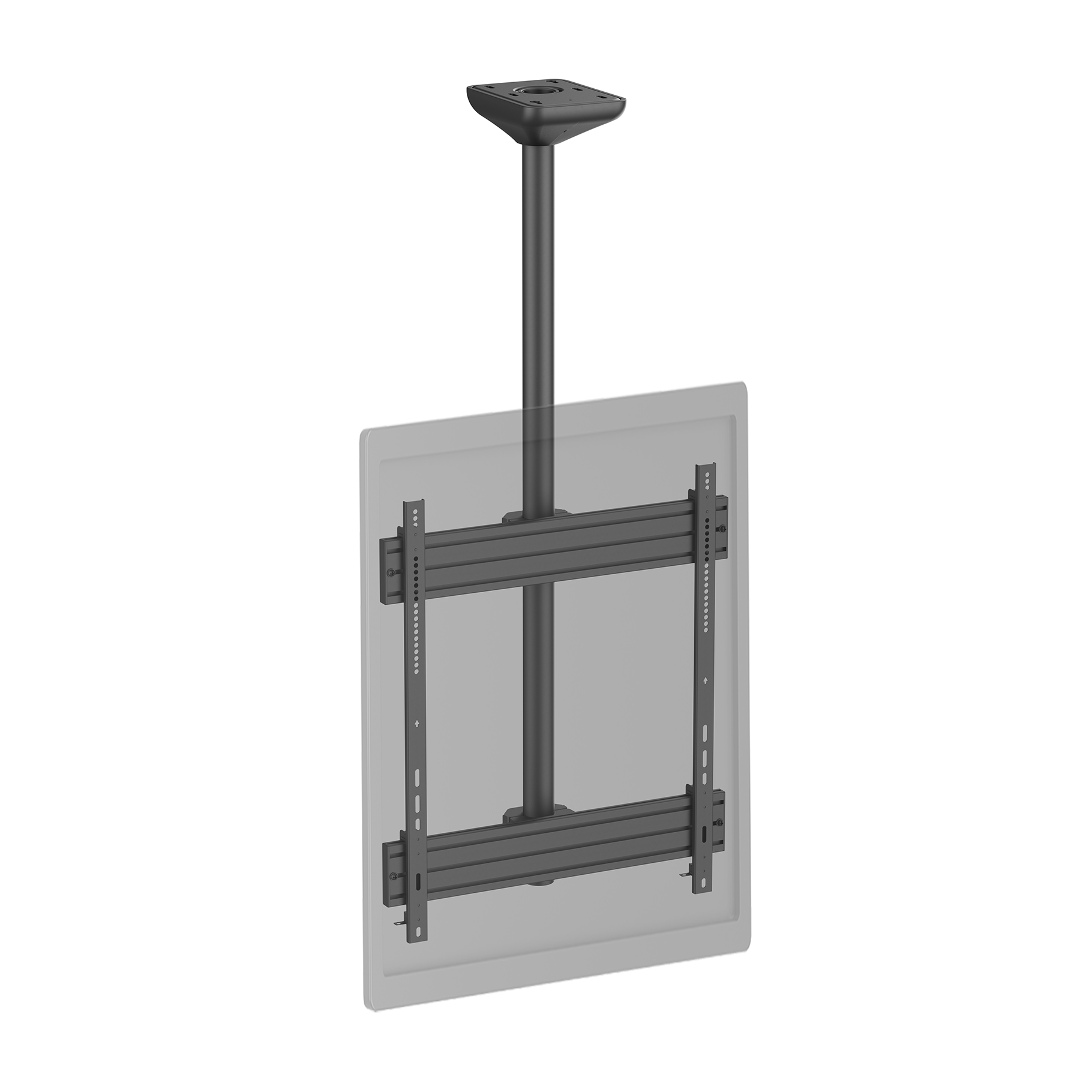 Un soporte de TV para techo. Tiene un poste negro, una placa de montaje y soportes para sujetar el TV.