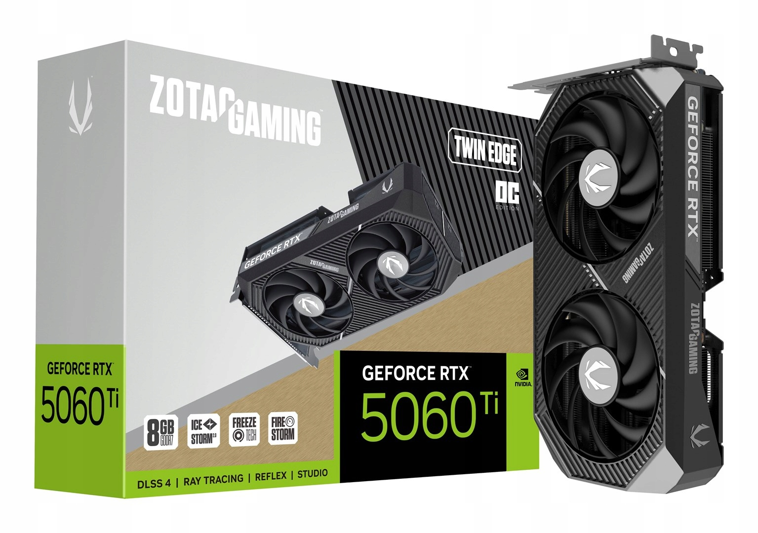 Karta graficzna Zotac Gaming GeForce RTX 5060 Ti. Pudełko pokazuje kartę i jej funkcje. Karta ma dwa wentylatory.