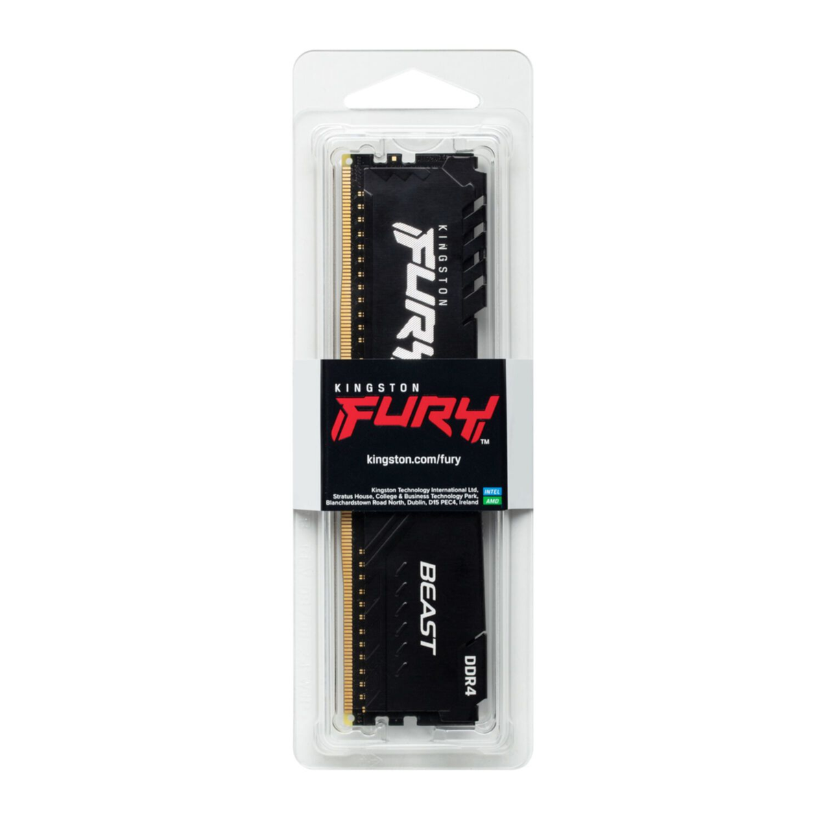 Moduł RAM DDR4 Kingston Fury w przezroczystym plastikowym opakowaniu. Czarny moduł ma biały tekst. Opakowanie ma biały wierzch.