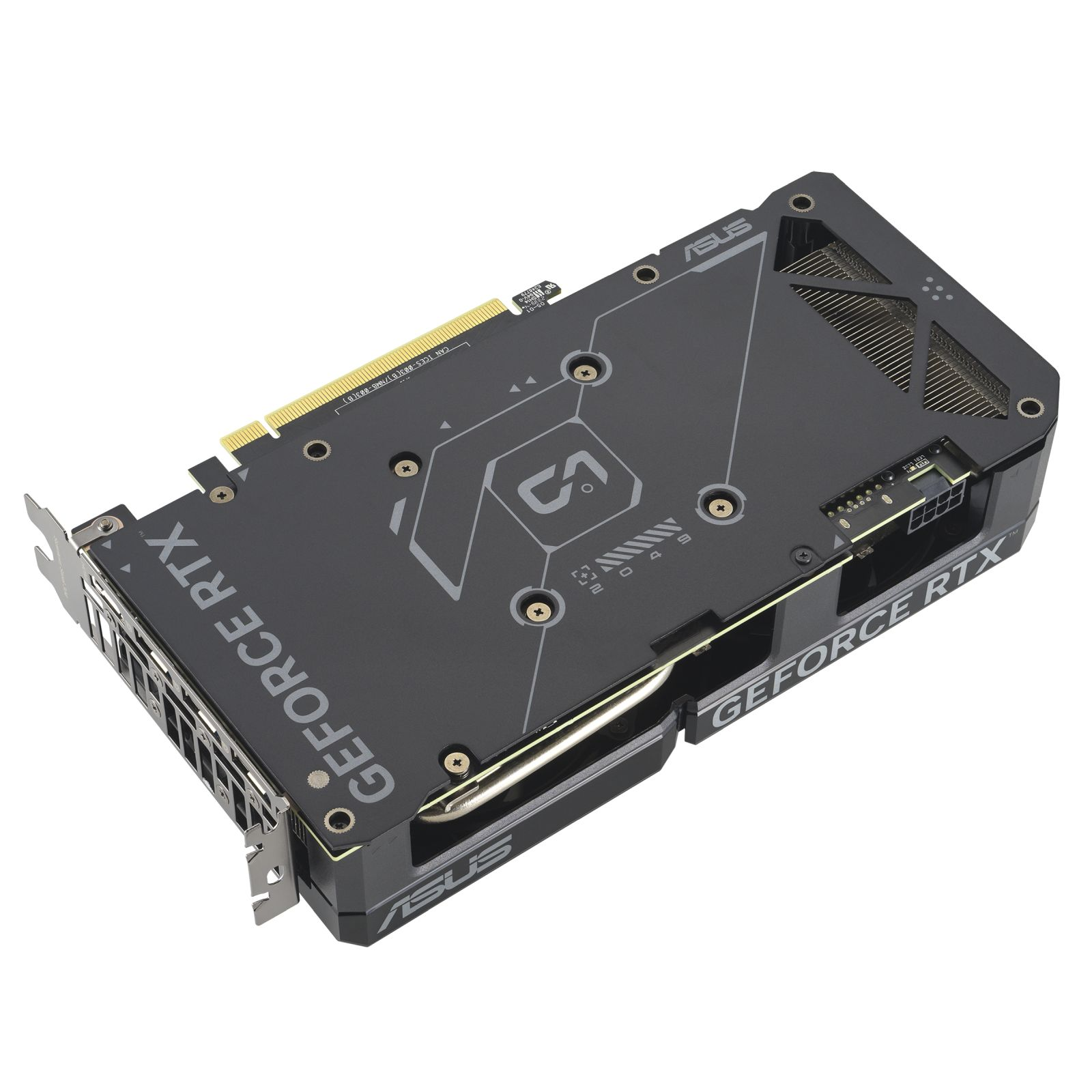 Una scheda grafica ASUS GeForce RTX nera. La scheda ha una ventola, un dissipatore di calore e varie porte. Le parole GEFORCE RTX sono visibili.