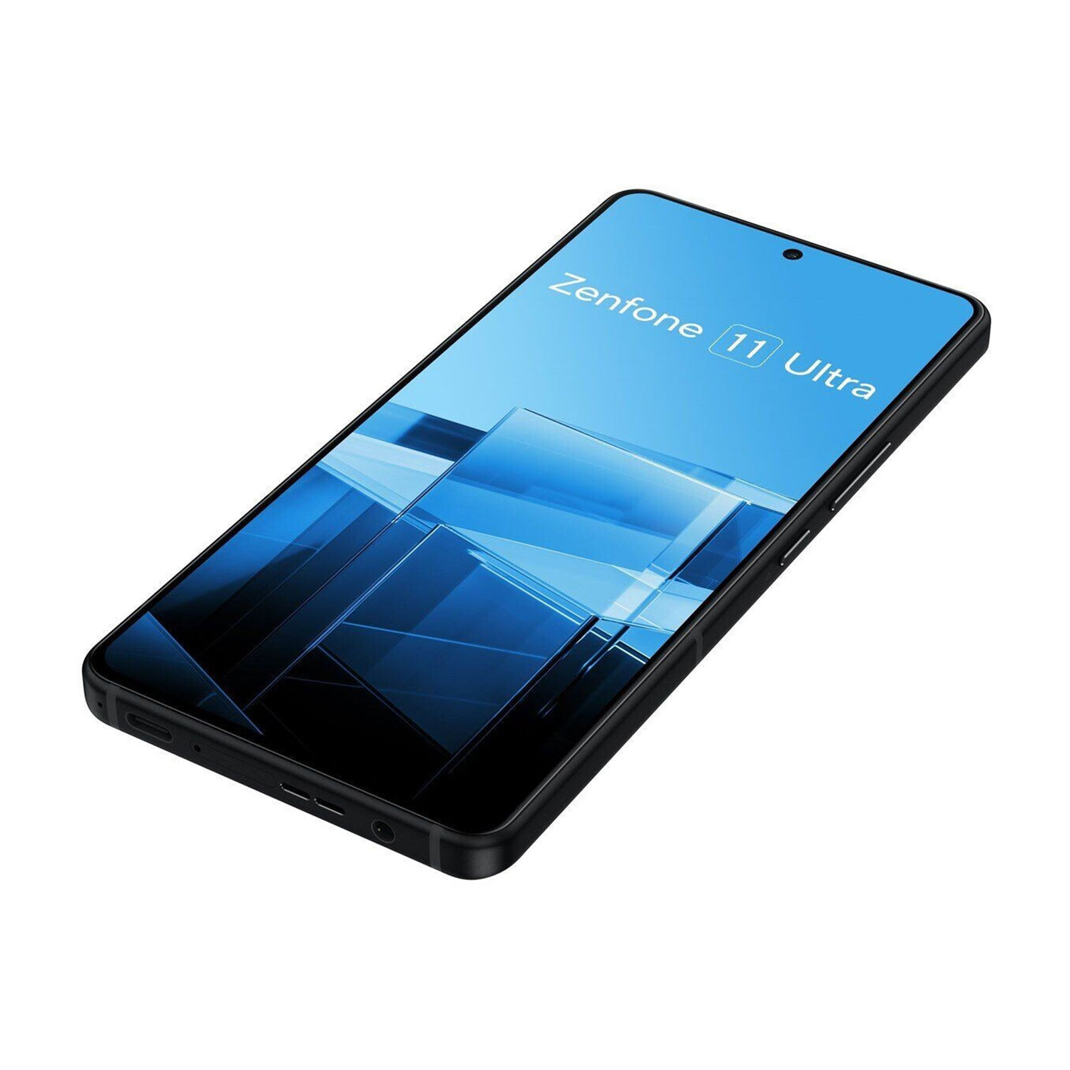 Ein schwarzes Smartphone mit blauem Bildschirm zeigt den Text 'Zenfone 11 Ultra'. Es ist leicht zum Betrachter geneigt, vor weißem Hintergrund.