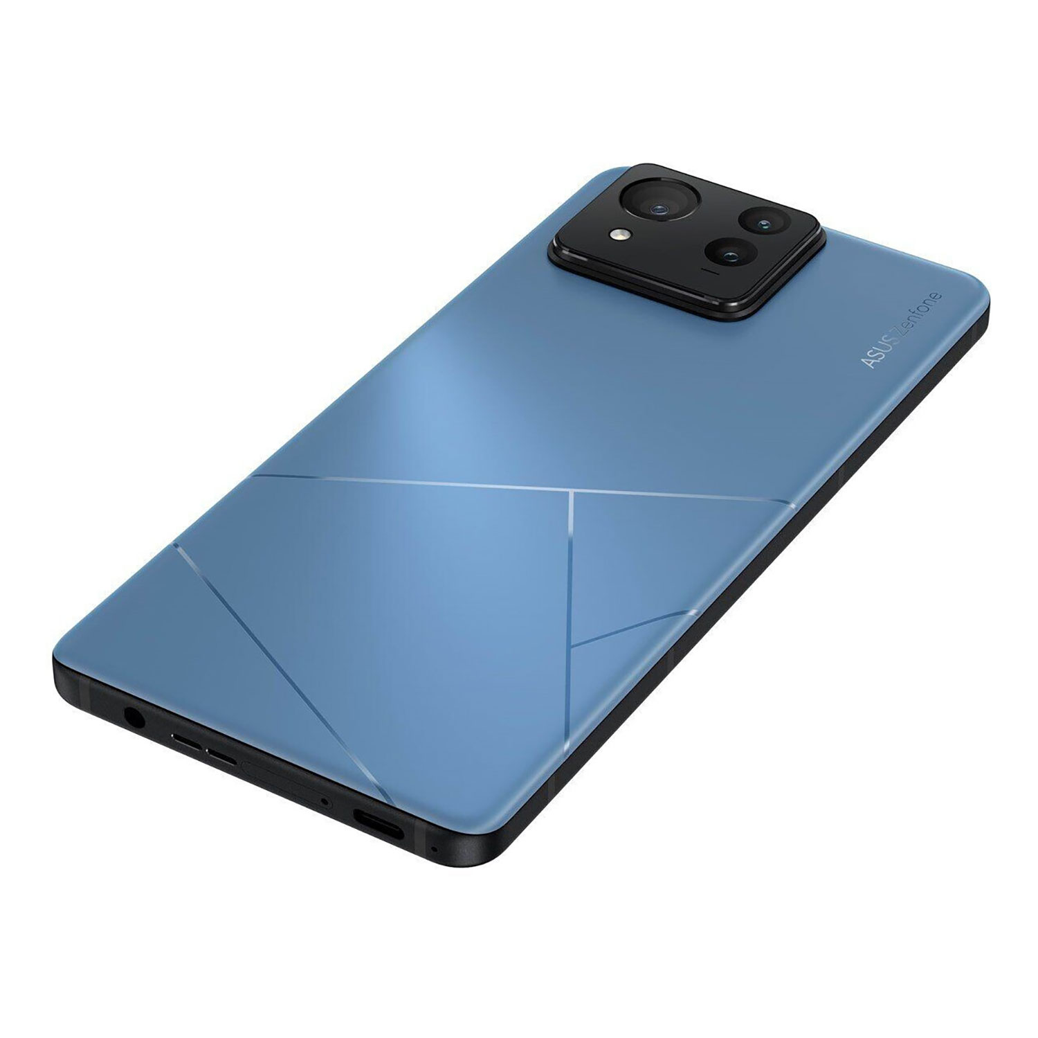 Blaues ASUS Zenfone Smartphone, Draufsicht. Es hat eine Dreifachkamera und ein geometrisches Design auf der Rückseite.