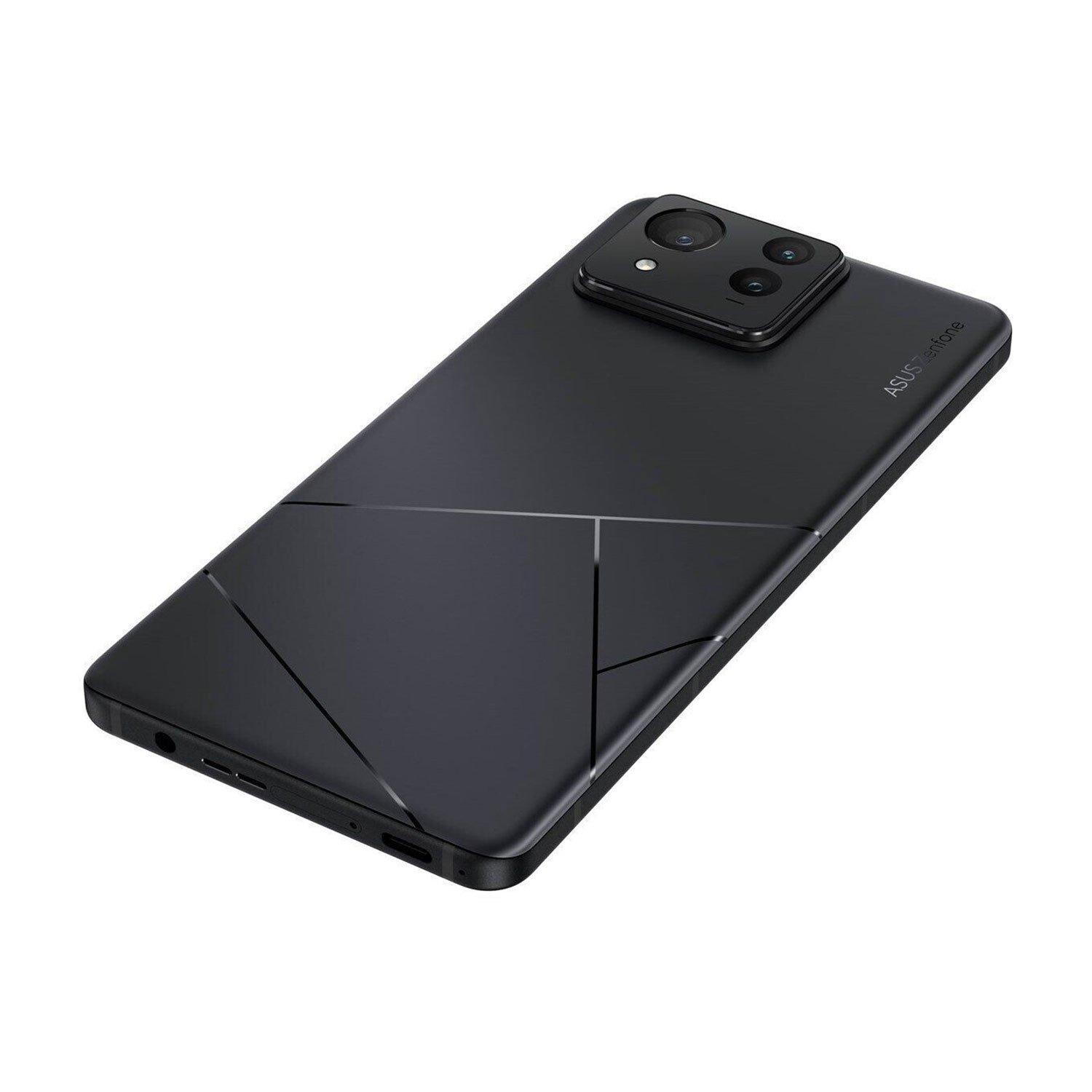 Schwarzes Smartphone mit geometrischem Design auf der Rückseite. Oben befindet sich eine Kameraanordnung. ASUS Zenfone steht seitlich.