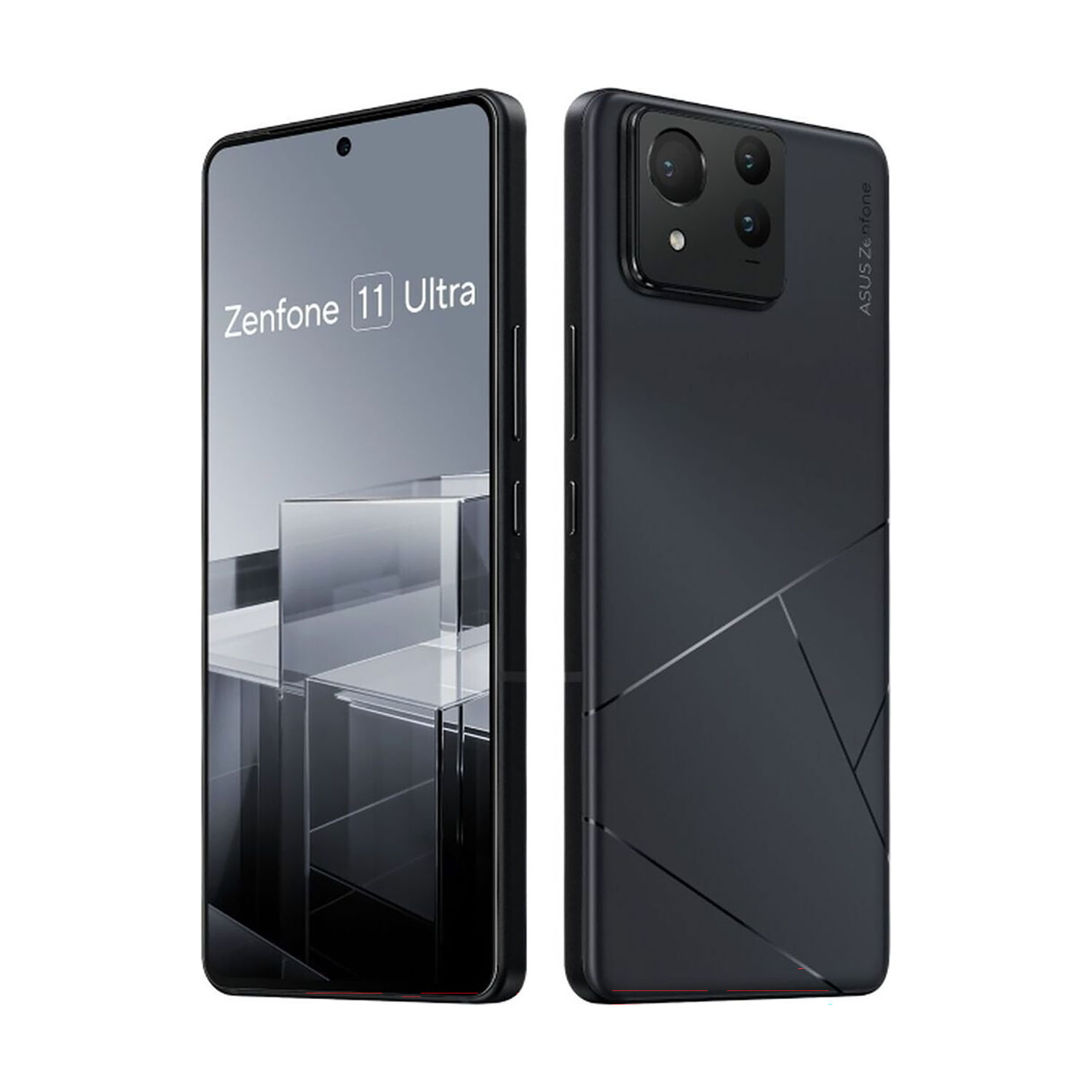Zwei schwarze Smartphones, eines mit 'Zenfone 11 Ultra' auf dem Bildschirm, das andere mit Kameras und geometrischen Linien.