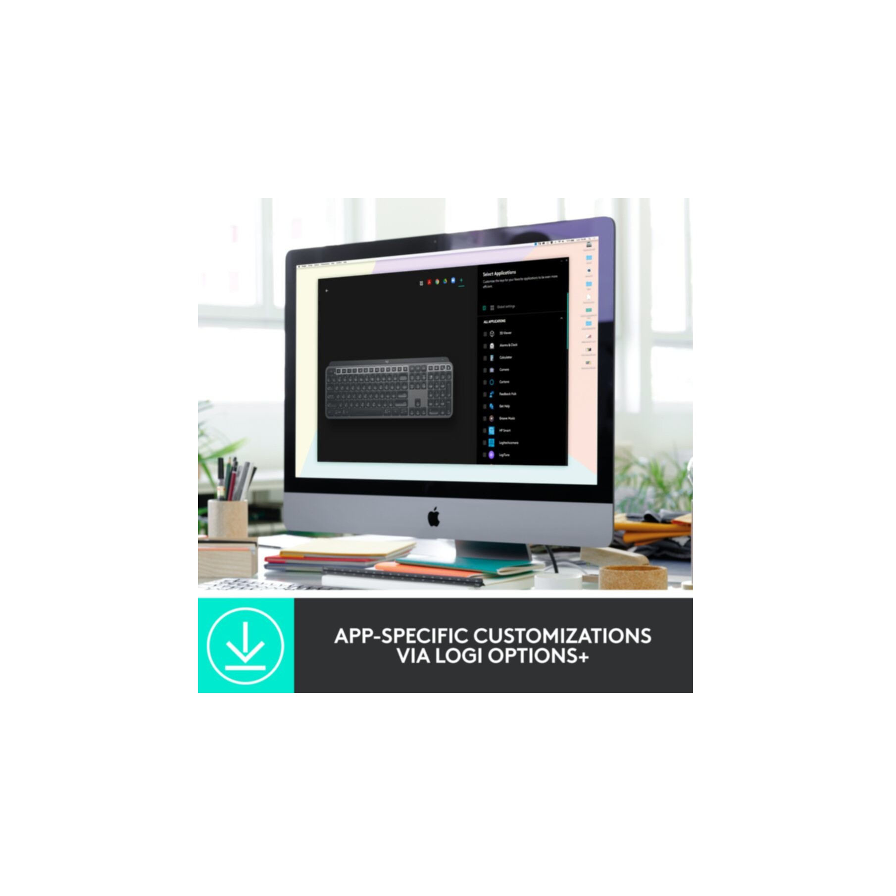 Monitor komputera wyświetla klawiaturę i ustawienia aplikacji. Na biurku znajdują się artykuły papiernicze. Na dole znajduje się tekst: Dostosowania specyficzne dla aplikacji.