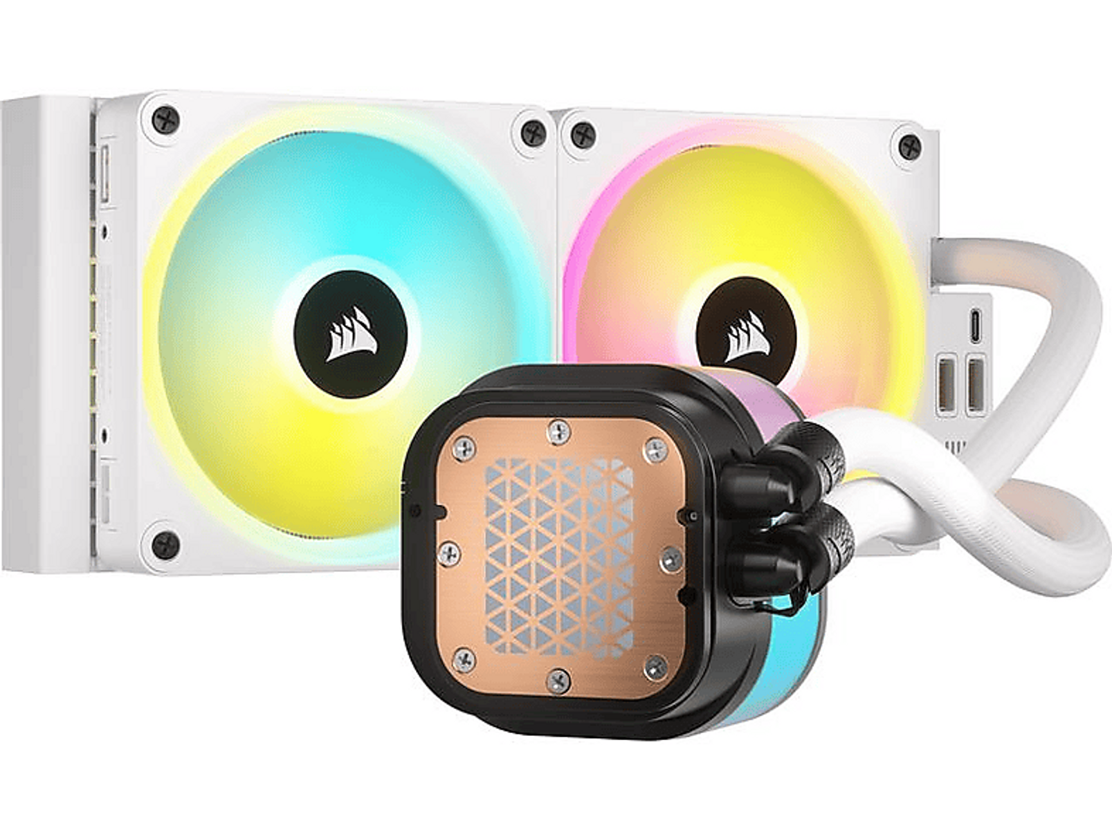 Chłodnica cieczy do komputera z dwoma wentylatorami wyświetlającymi kolorowe światła, miedzianym blokiem CPU i białymi rurkami.
