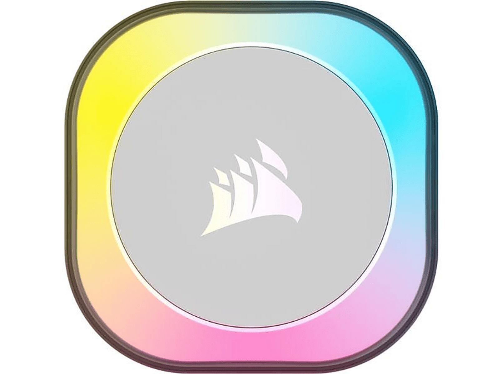 Zaokrąglony kwadrat z tęczową obwódką. Jasnoszary okrąg z białym logo Corsair pośrodku.