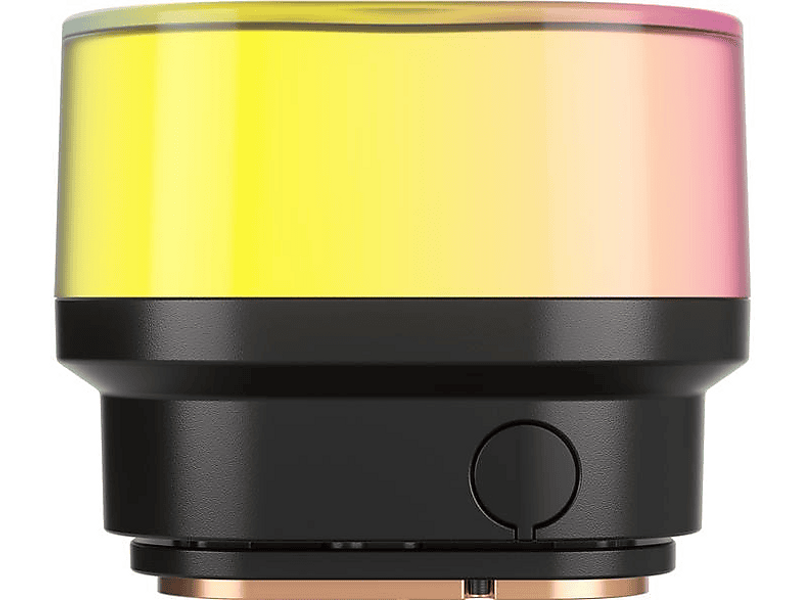 Cylindryczne urządzenie z gradientem od żółtego do różowego. Czarna podstawa z okrągłym przyciskiem.