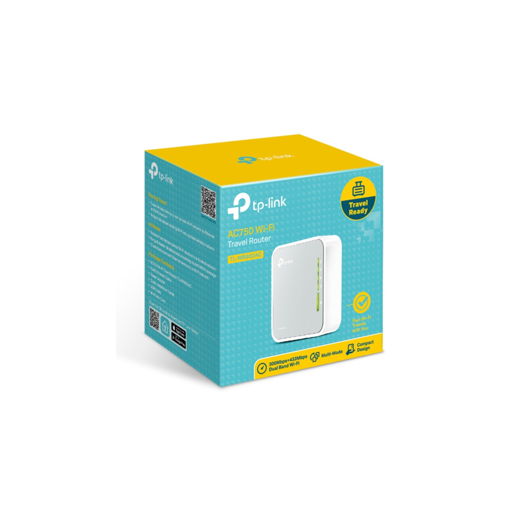 Na wystawie znajduje się pudełko routera podróżnego Wi-Fi TP-Link AC750. Pudełko jest białe i niebiesko-zielone z danymi produktu i obrazami.