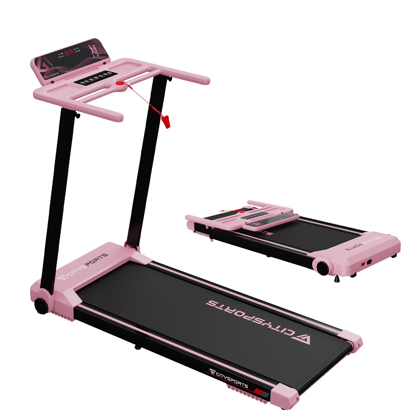 Rosa Laufband mit schwarzer Lauffläche. Gefaltetes Laufband sichtbar. Digitales Display oben. Markenname ist Citysports.