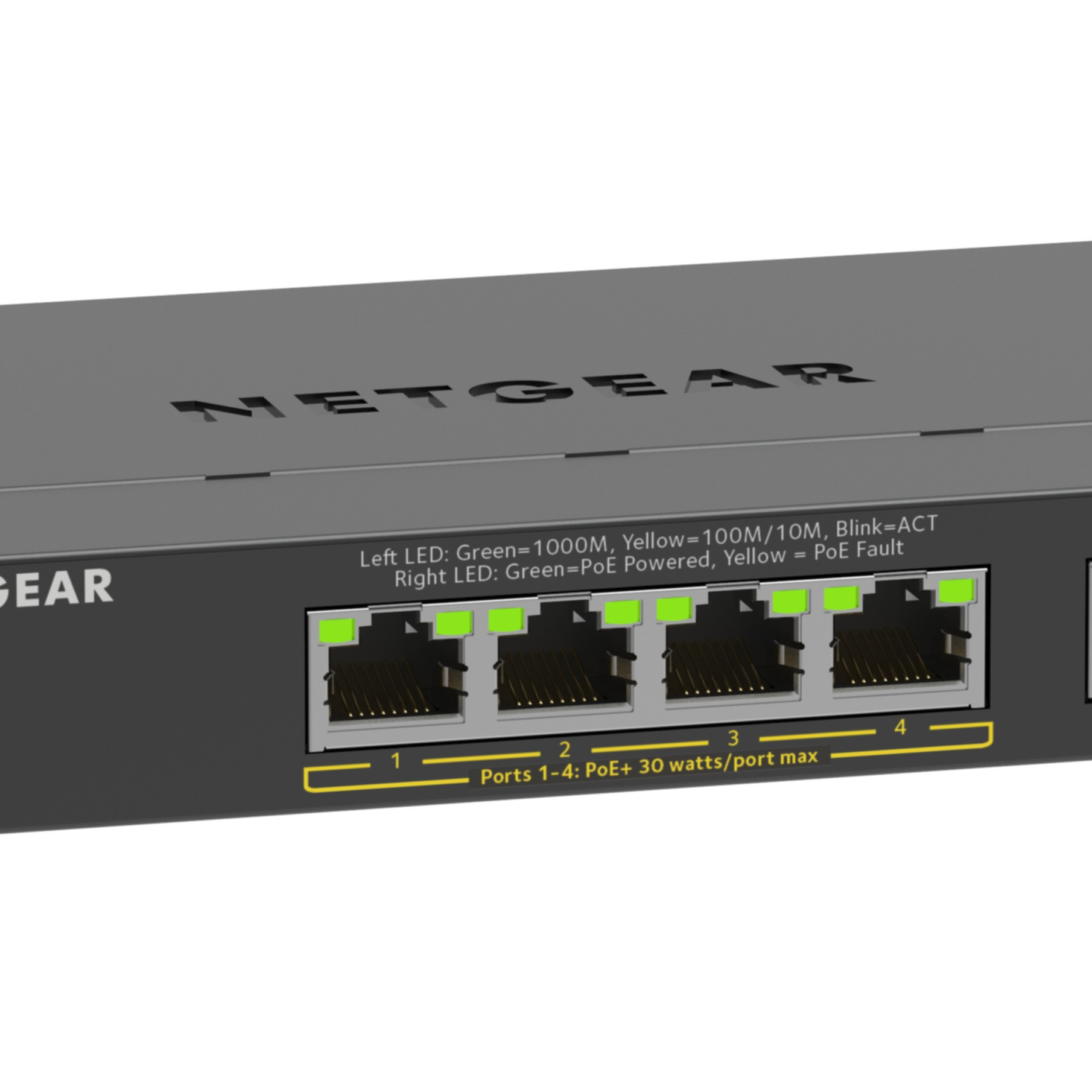 A NETGEAR switch with four ports. Each port has two LEDs: one green and one yellow. The switch is dark gray.