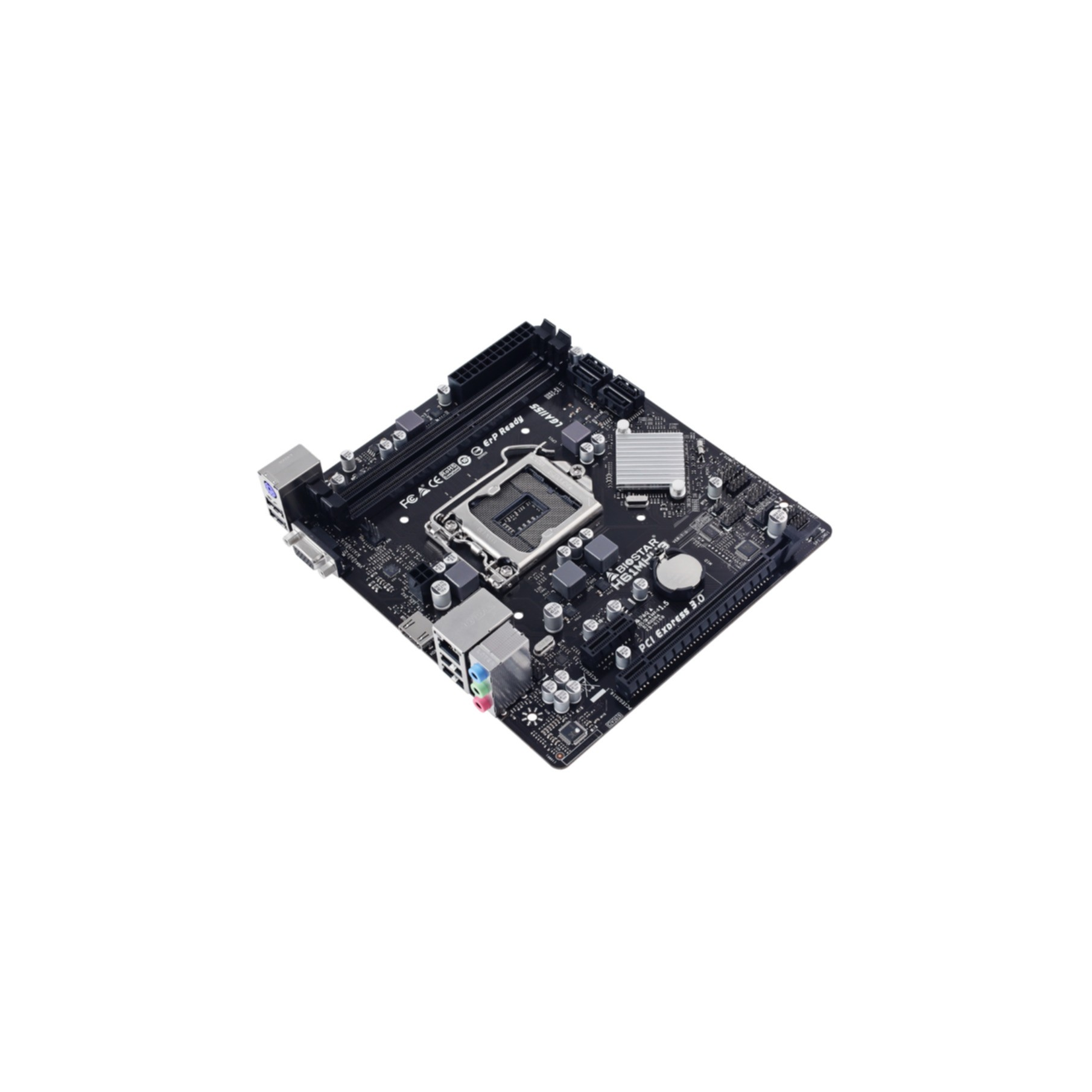 Czarna płyta główna komputera z różnymi elementami. Znajduje się na białym tle.