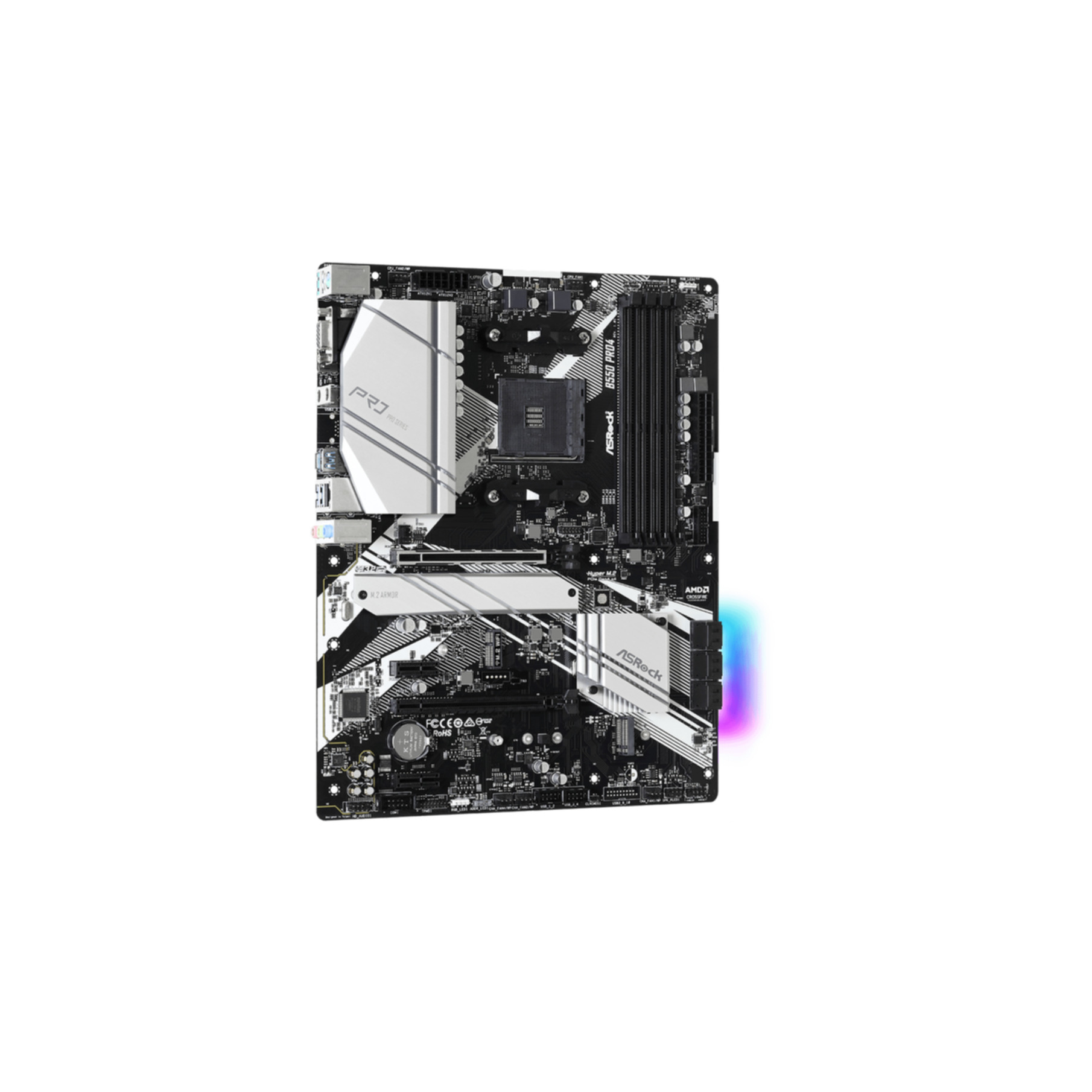 Czarna i srebrna płyta główna ASRock B550 Pro4, z białymi akcentami. Posiada różne komponenty i oświetlenie LED.