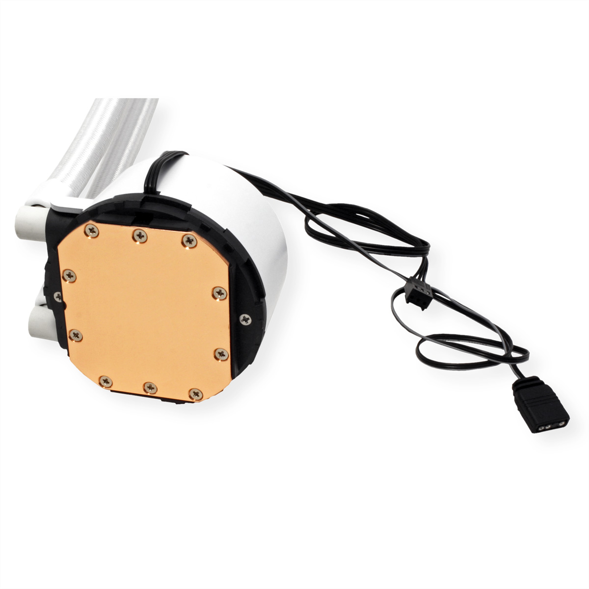 Een computer vloeistofkoeler met een koperen basis, witte behuizing, zwarte buizen en draden. Schroeven bevestigen de koperen basis. Zwarte draden met een connector.