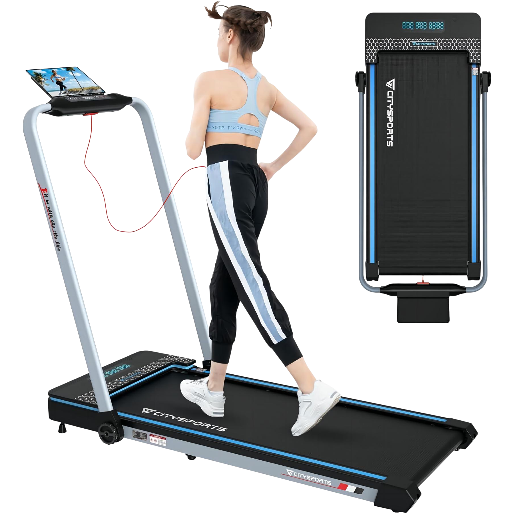 Eine Frau läuft auf einem Laufband. Das Laufband ist schwarz und silber, mit einem Tablet, das eine Laufszene zeigt. Sie trägt Sportkleidung.