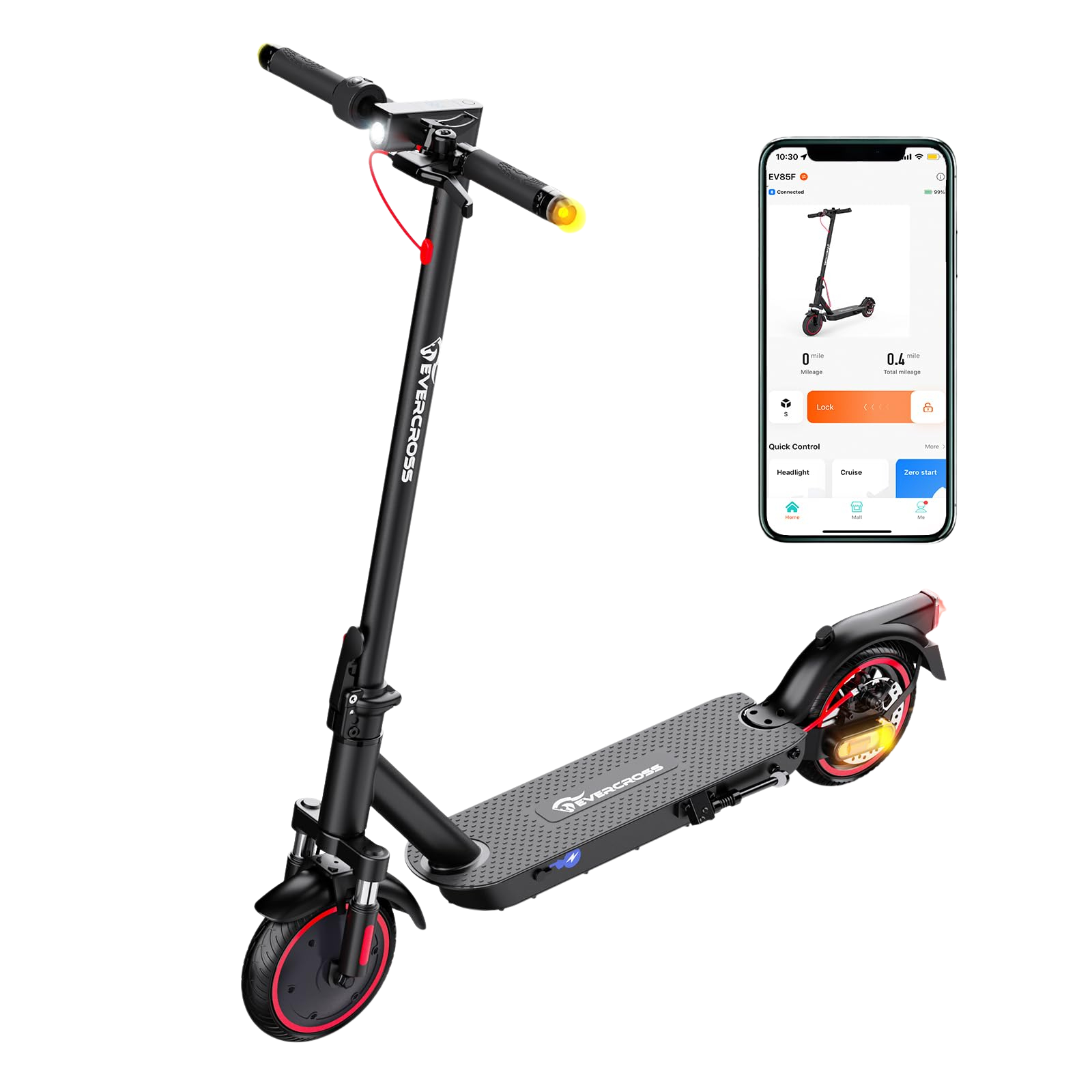 Schwarzer Elektroroller von Evercross mit Telefon, das Statistiken anzeigt. Schwarzer Hintergrund. Rote Akzente.