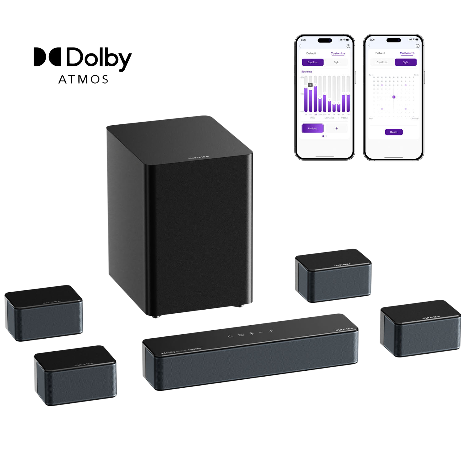 Ein schwarzes Soundsystem mit Subwoofer, Soundbar und Satellitenlautsprechern. Zwei Telefone zeigen Equalizer-Einstellungen.