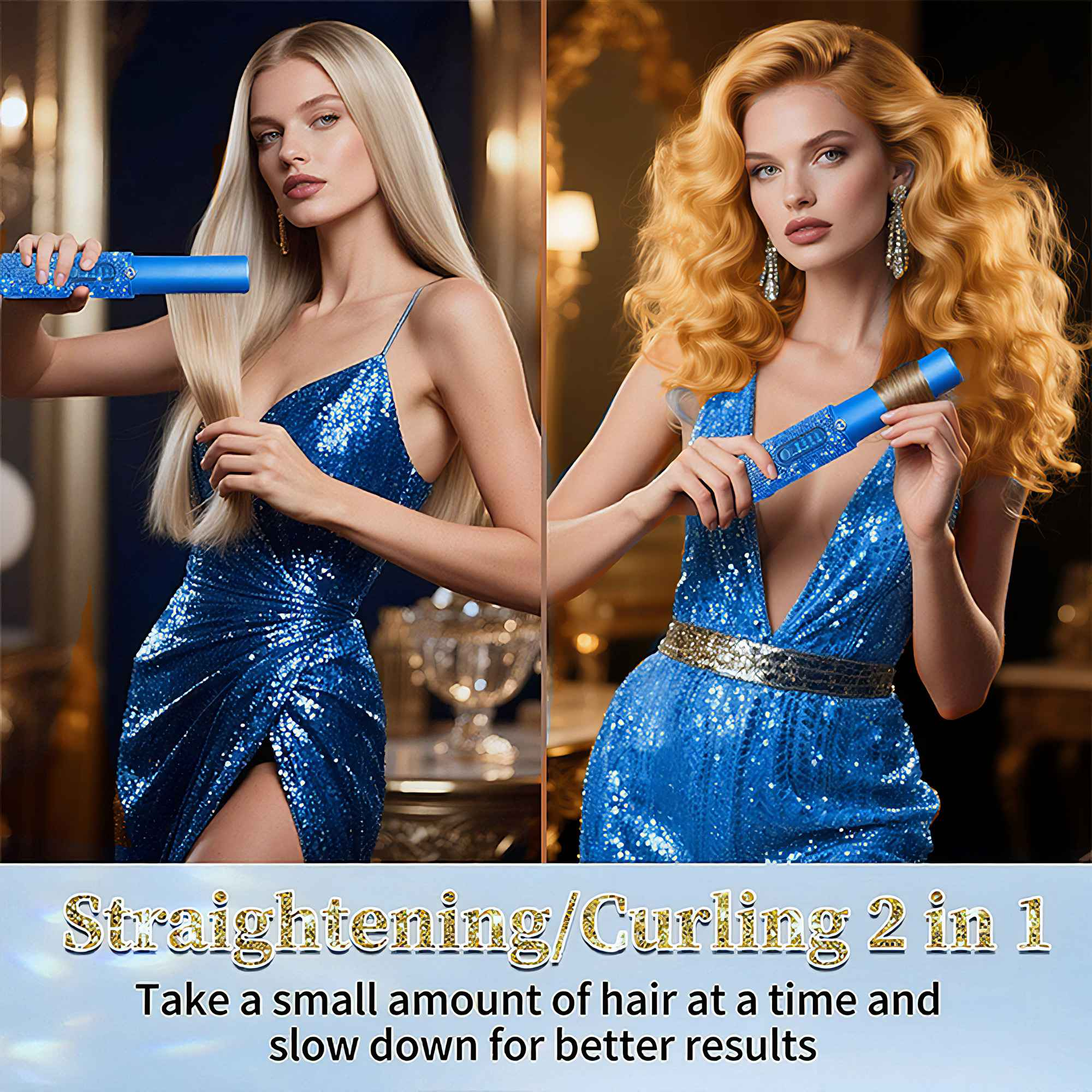 Zwei Frauen, eine mit glattem blondem Haar und eine mit lockigem blondem Haar, halten Haarstyling-Werkzeuge.
