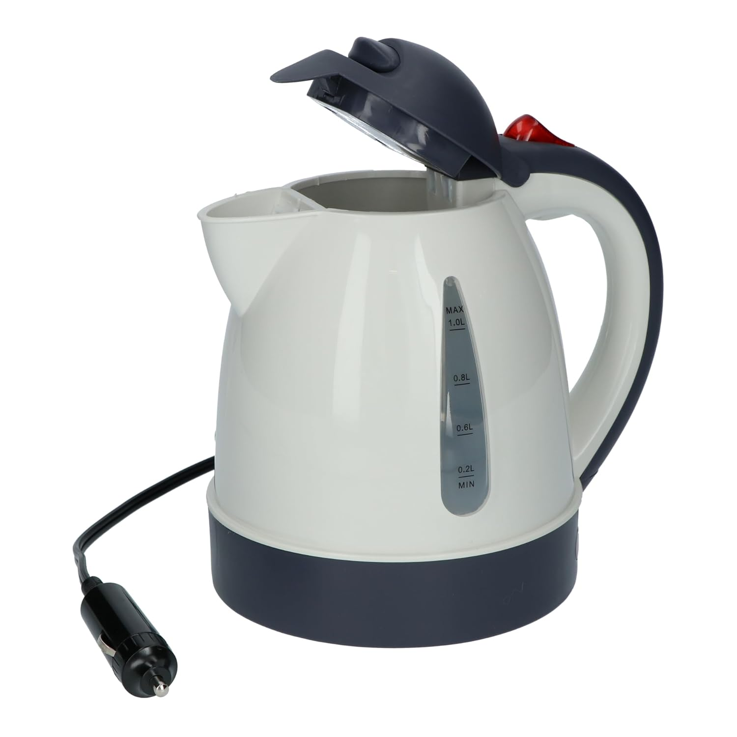 Weiß-marineblauer Wasserkocher mit offenem Deckel, Griff und Netzkabel mit Autoadapter.