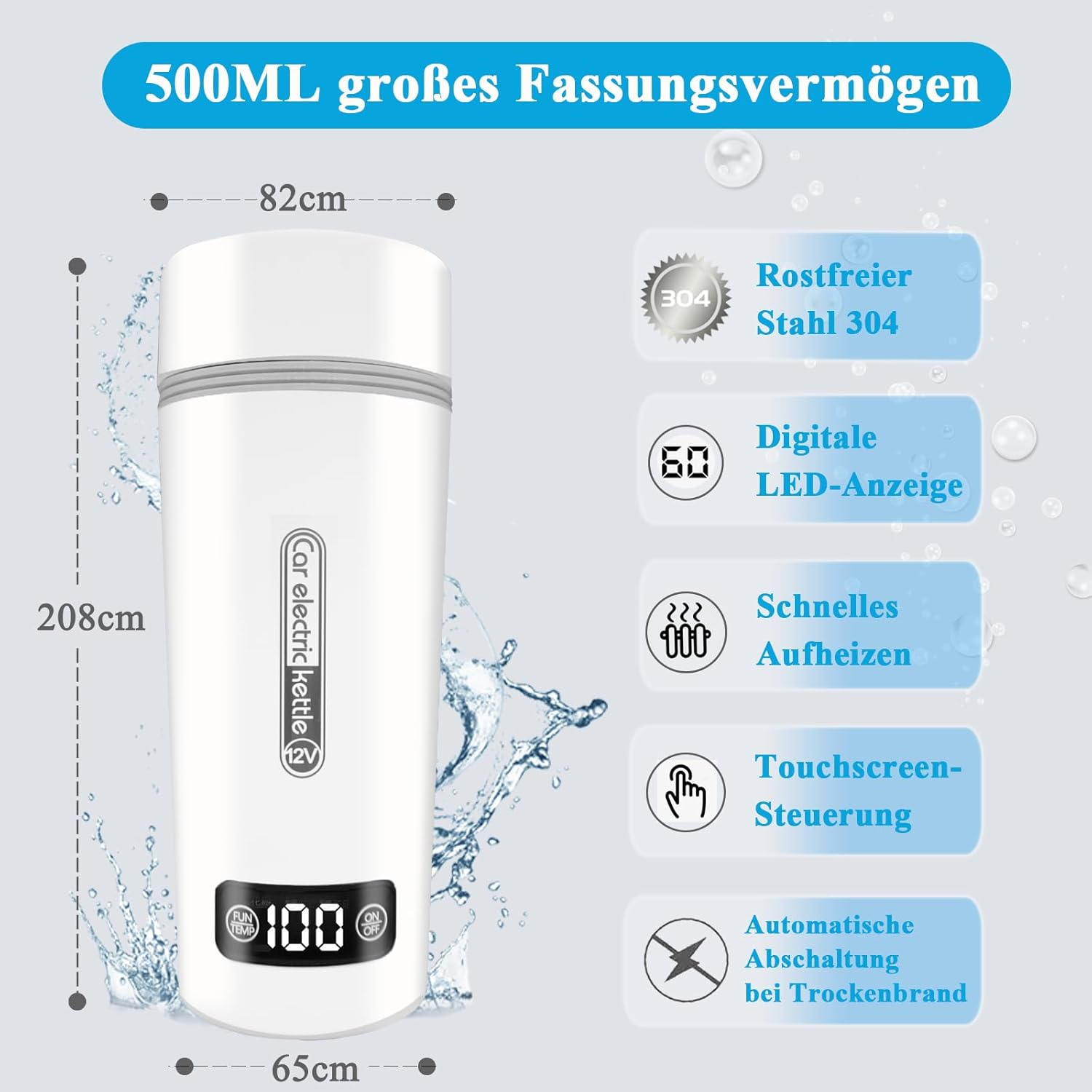 Ein weißer elektrischer Wasserkocher für das Auto mit Digitalanzeige und Touchscreen. Merkmale sind schnelles Aufheizen und Abschaltautomatik.
