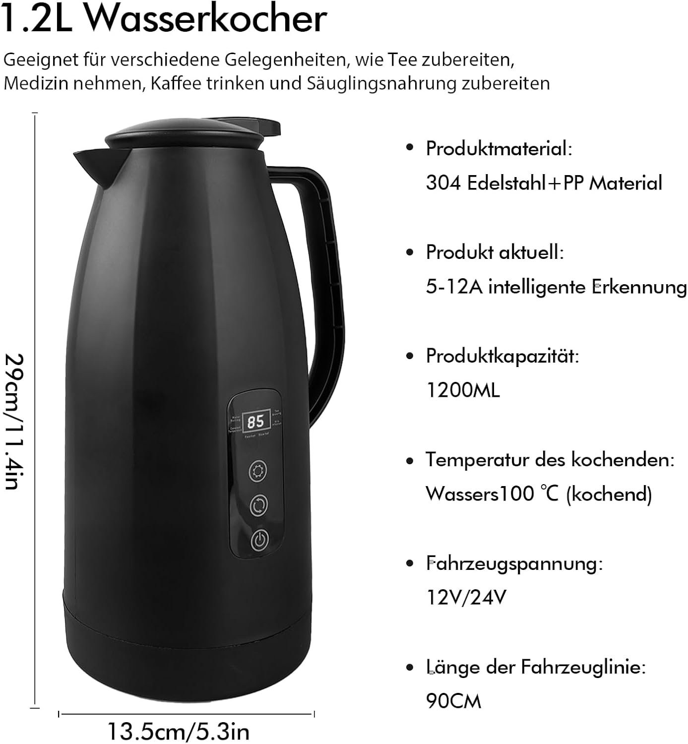 Ein schwarzer Wasserkocher mit digitaler Anzeige und Griff. Deutscher Text liefert Produktdetails und Abmessungen.