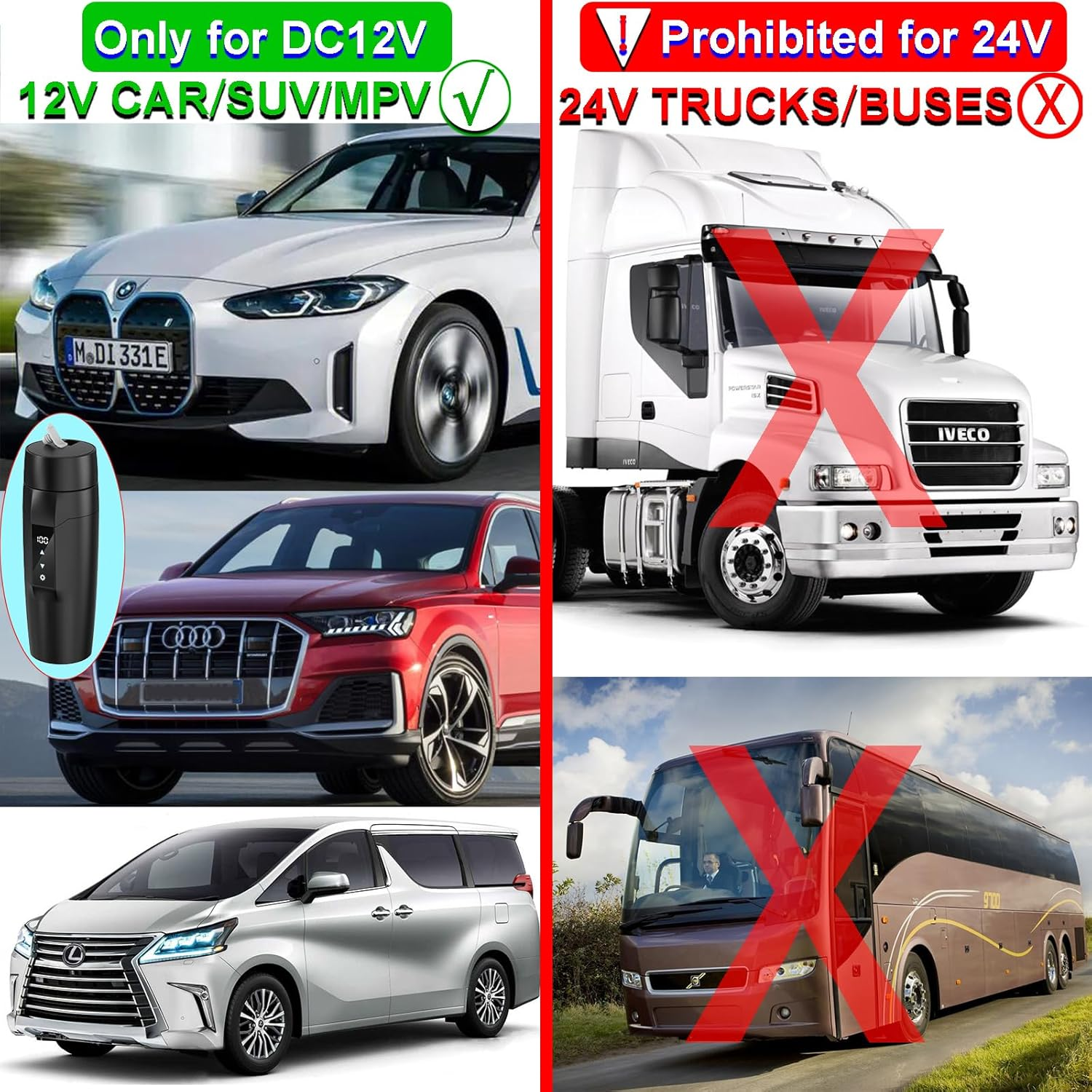 Das Bild zeigt Autos und Lastwagen, mit Text, der die Kompatibilität mit 12-V-Autos und das Verbot für 24-V-Lastwagen angibt. Enthält ein Auto und einen Bus.