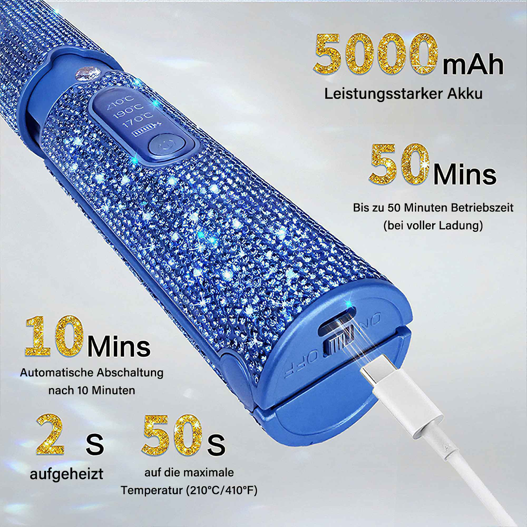 Ein blaues, kristallbesetztes Haarstyling-Werkzeug mit Display. Text zeigt Batterie-, Temperatur- und Zeitangaben sowie ein Ladekabel.