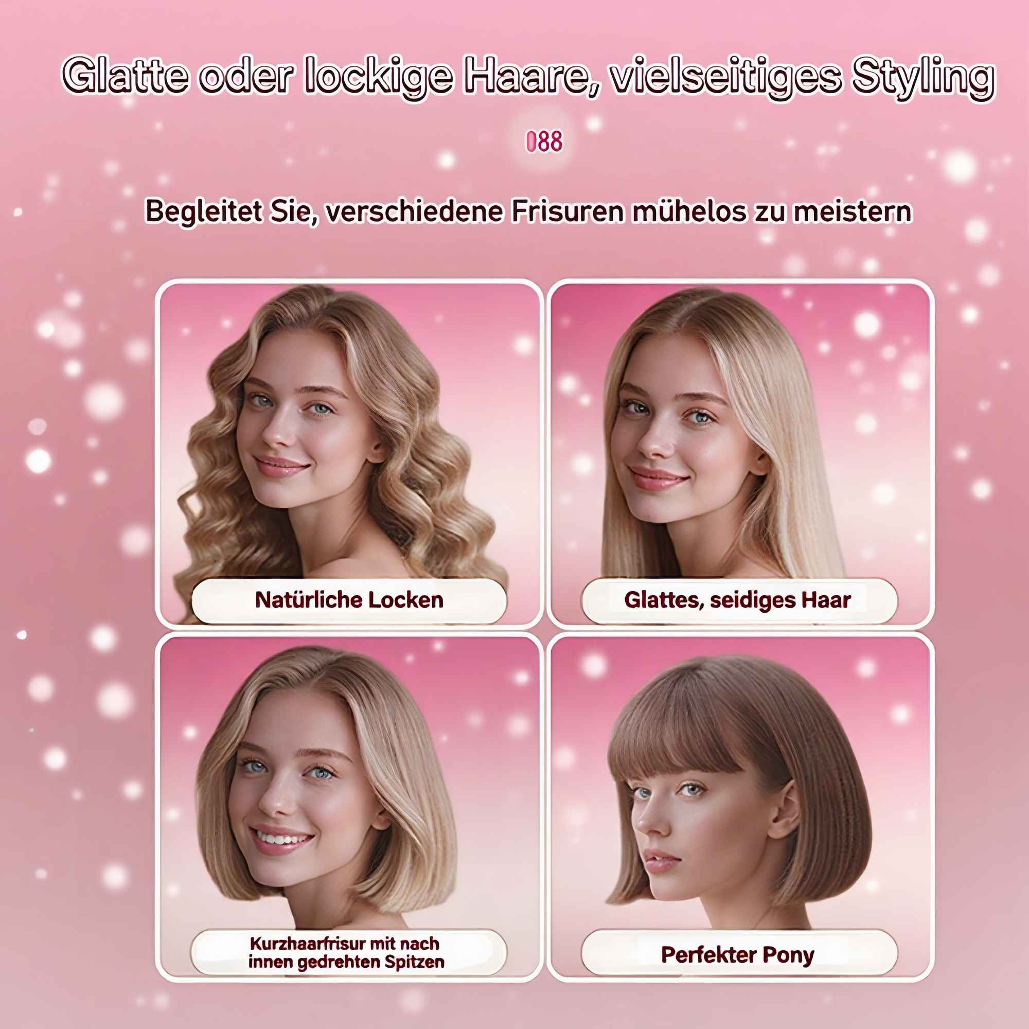 Das Bild zeigt vier Frauen mit verschiedenen Frisuren: wellig, glatt, kurzer Bob und Pony. Der Hintergrund ist rosa mit Text.