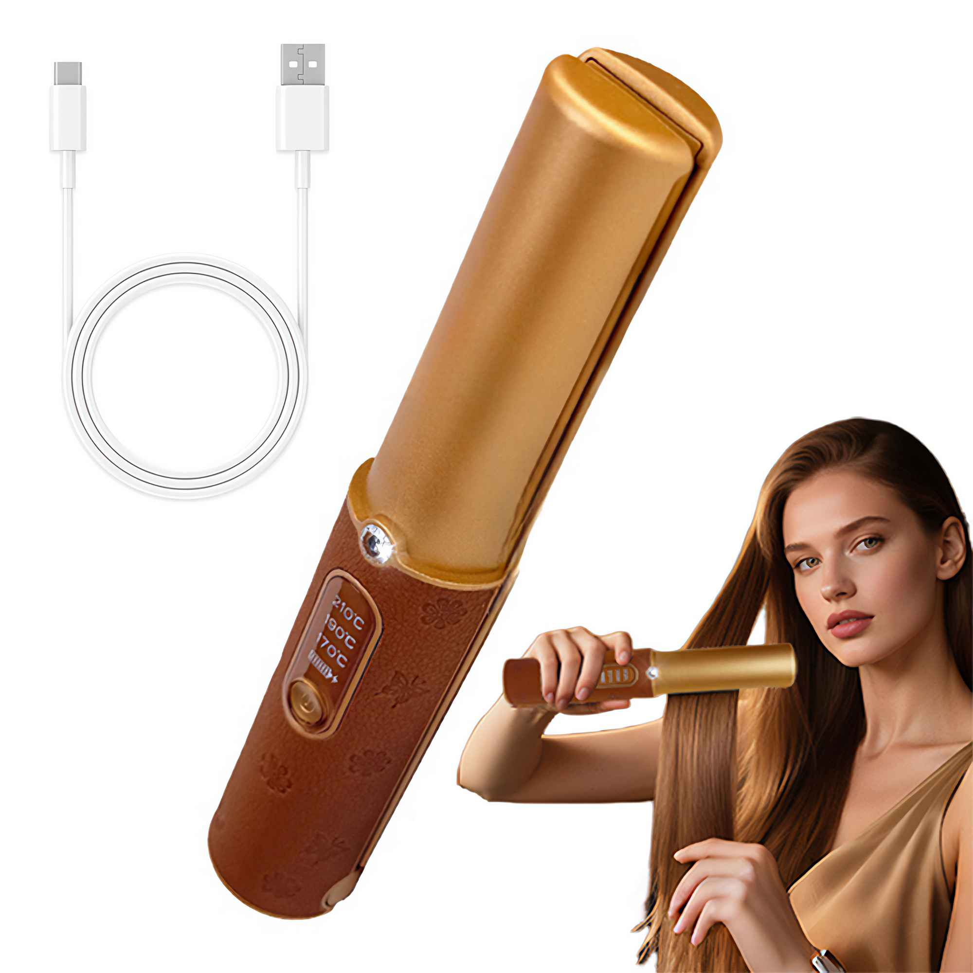Eine Frau benutzt ein goldenes Glätteisen. Auf der linken Seite befindet sich ein weißes Kabel mit USB-Anschlüssen. Das Glätteisen ist gold und braun.