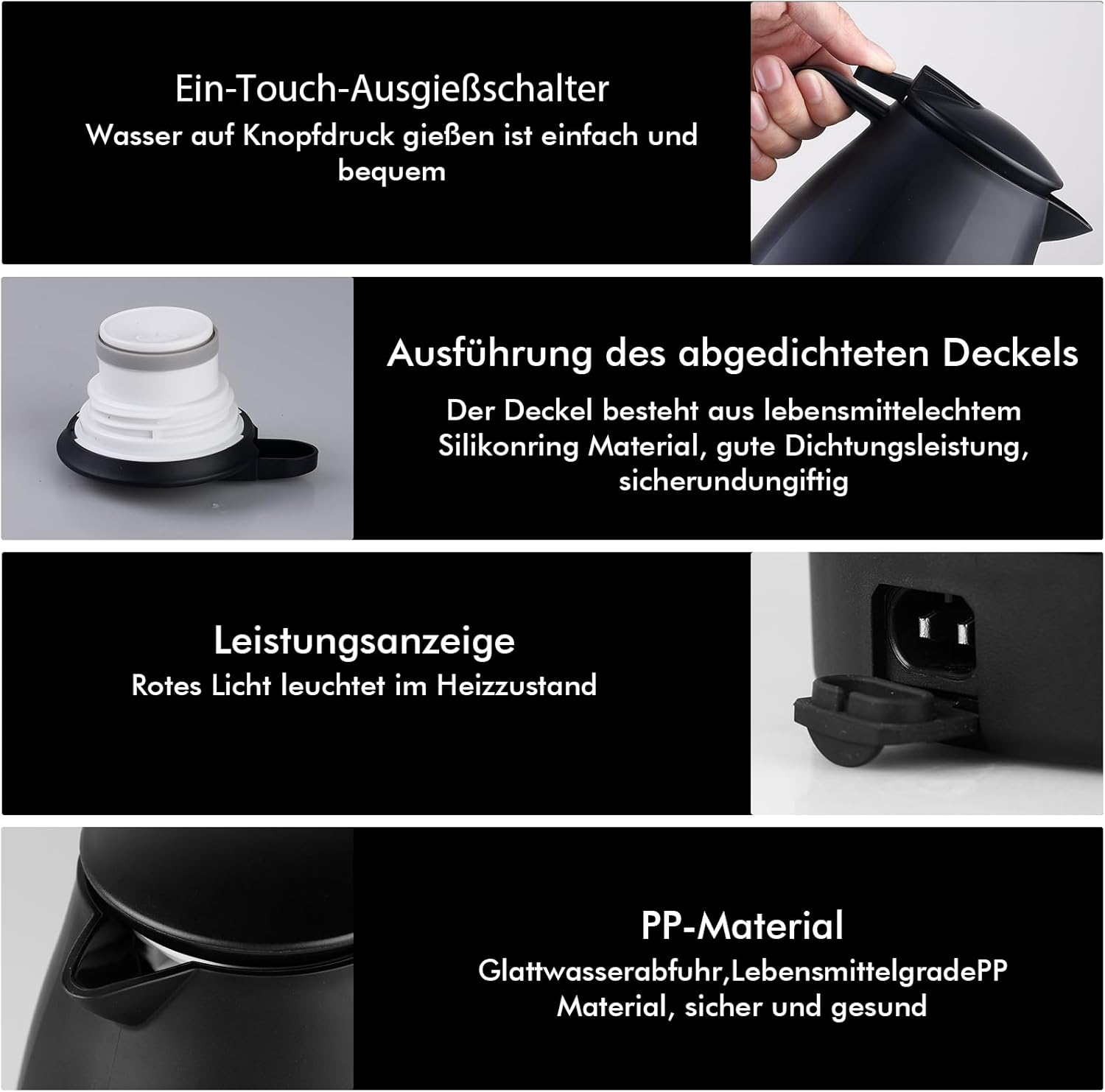 Schwarze Teile eines Wasserkochers: Ausguss, Deckel, Netzkabel und Sockel. Text auf Deutsch beschreibt Funktionen wie Ein-Knopf-Schalter.