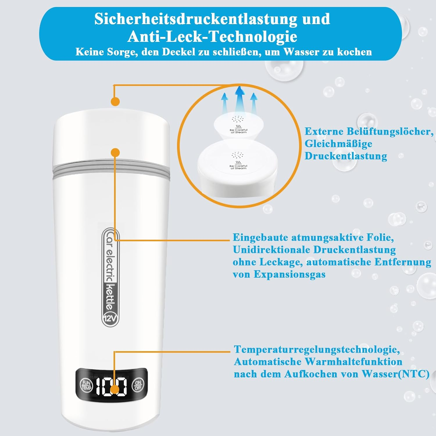 Ein weißer elektrischer Wasserkocher für Autos mit Sicherheitsfunktionen, einschließlich Druckentlastung und Auslaufschutz, mit Etiketten und Diagrammen.