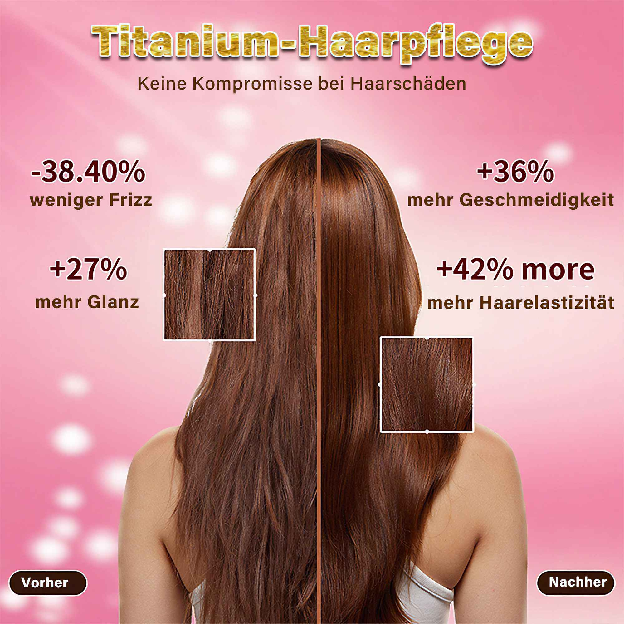 Das Bild zeigt Haare vor und nach der Behandlung. Es zeigt weniger Frizz, mehr Glanz, Geschmeidigkeit und Elastizität. Rosa Hintergrund.