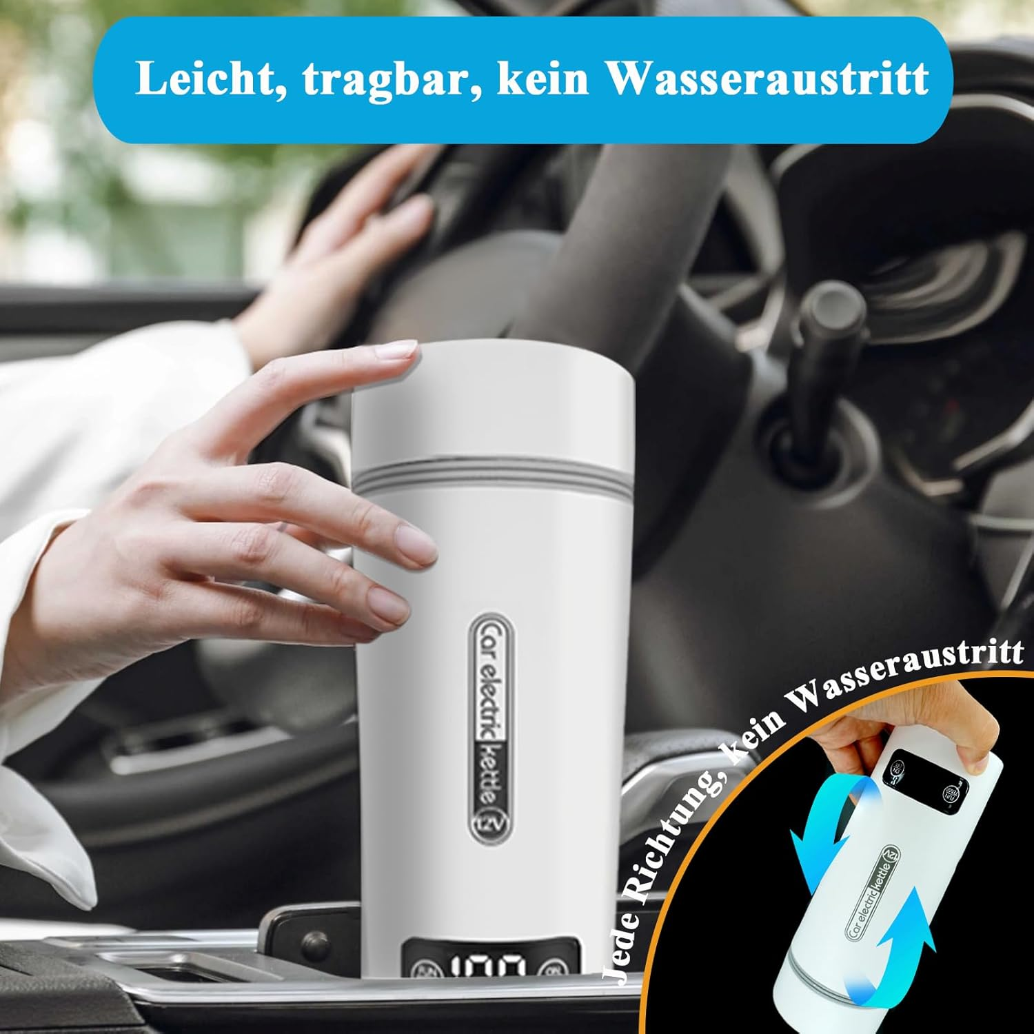 Ein weißer elektrischer Wasserkocher für das Auto wird in einem Auto gehalten. Eine Hand berührt den Wasserkocher. Text: Leicht, tragbar, kein Wasseraustritt.