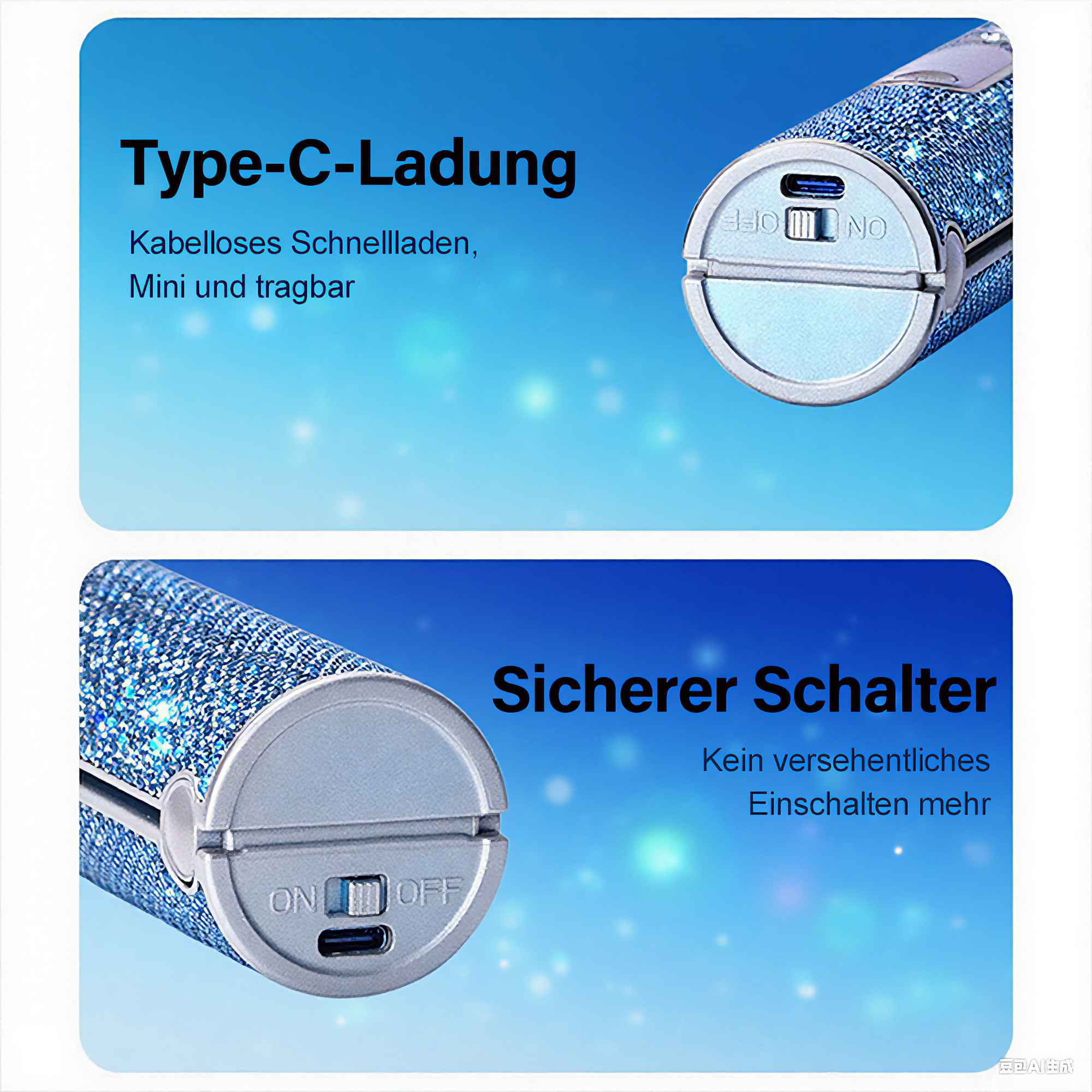 Das Bild zeigt ein zylindrisches Gerät mit glitzernder blauer Textur. Es hat einen Schalter und einen Typ-C-Ladeanschluss.