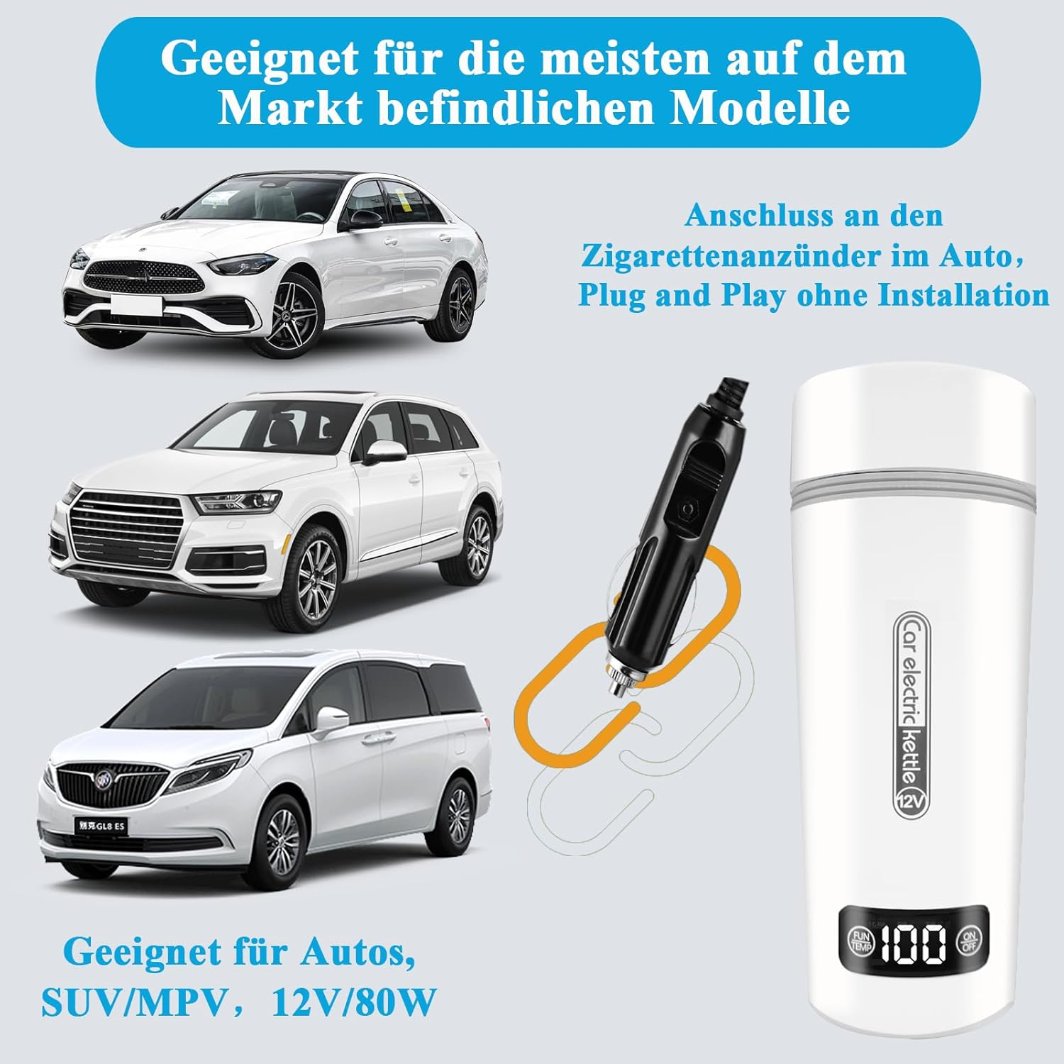 Das Bild zeigt weiße Autos und einen weißen Wasserkocher. Text erwähnt Eignung für Autos, SUVs/MPVs.