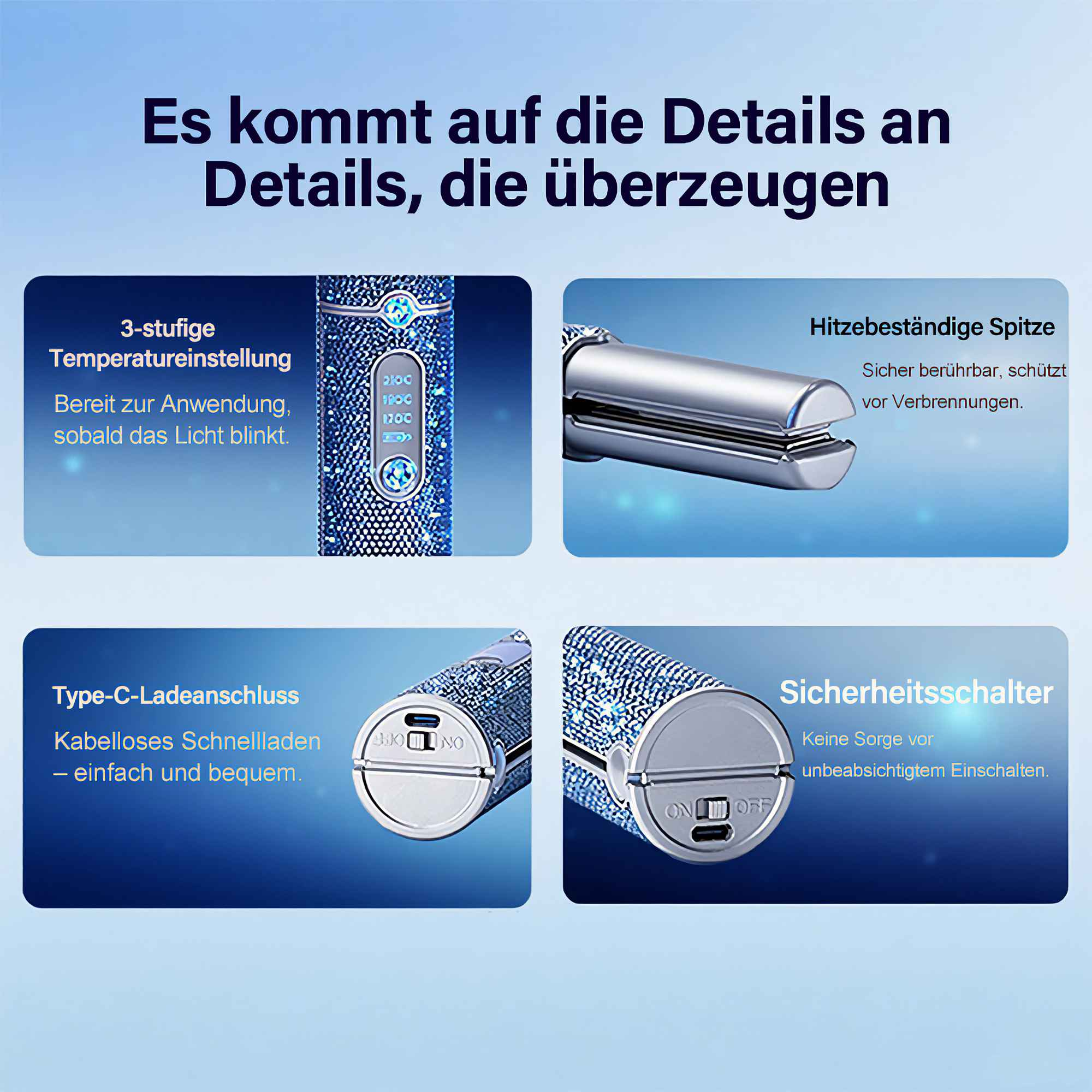 Werbung für ein Haarstyling-Tool. Es hebt Funktionen wie Temperatureinstellungen, eine hitzebeständige Spitze und einen Sicherheitsschalter hervor.
