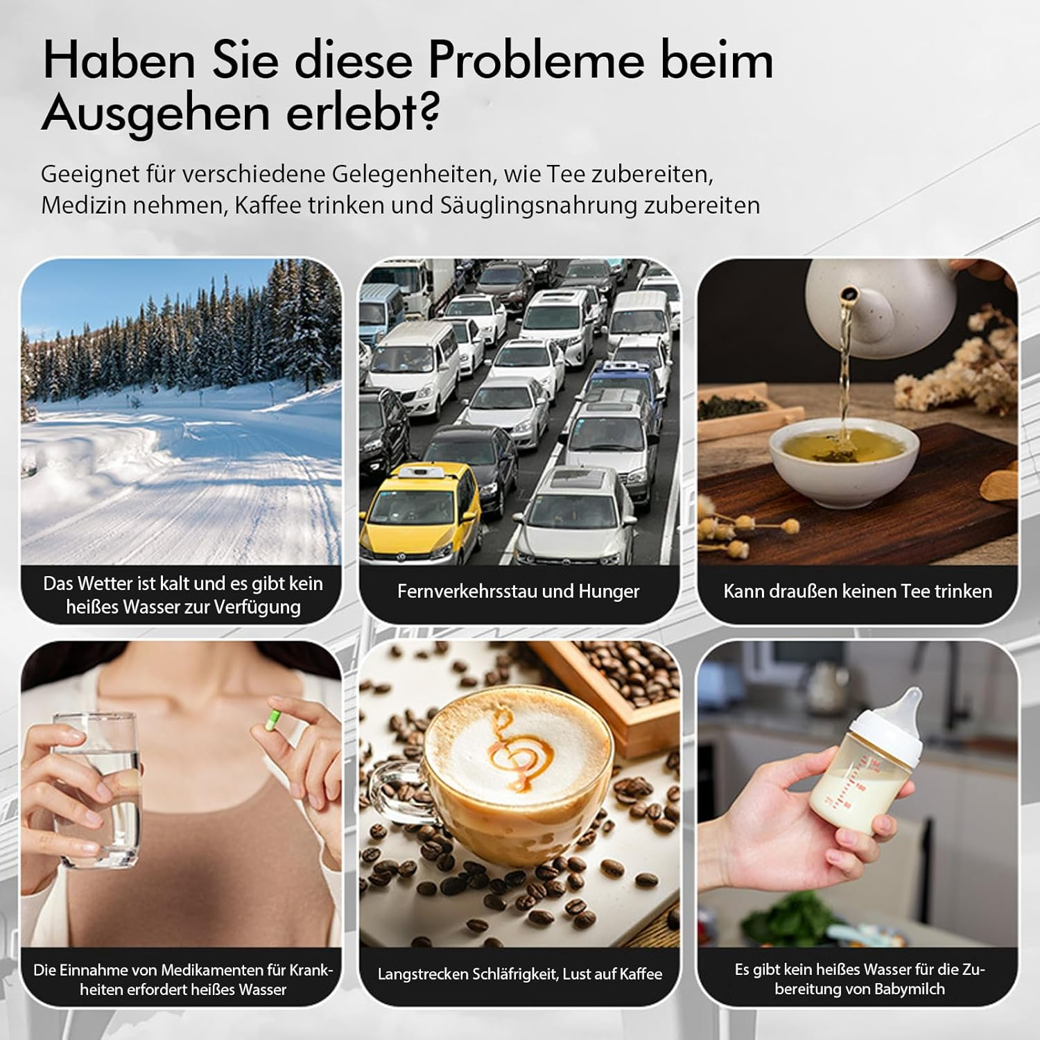 Das Bild hat sechs Panels. Es zeigt Probleme wie kaltes Wetter, Verkehr und fehlendes heißes Wasser. Lösungen werden erwähnt.